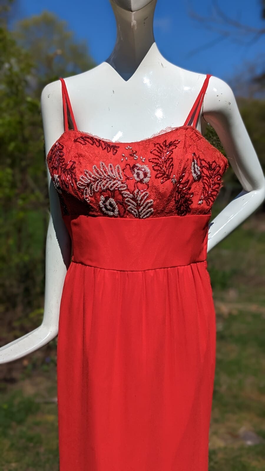 VINTAGE 1940’S LIPSTICK RED BEADED CREPE LONG DRESS 