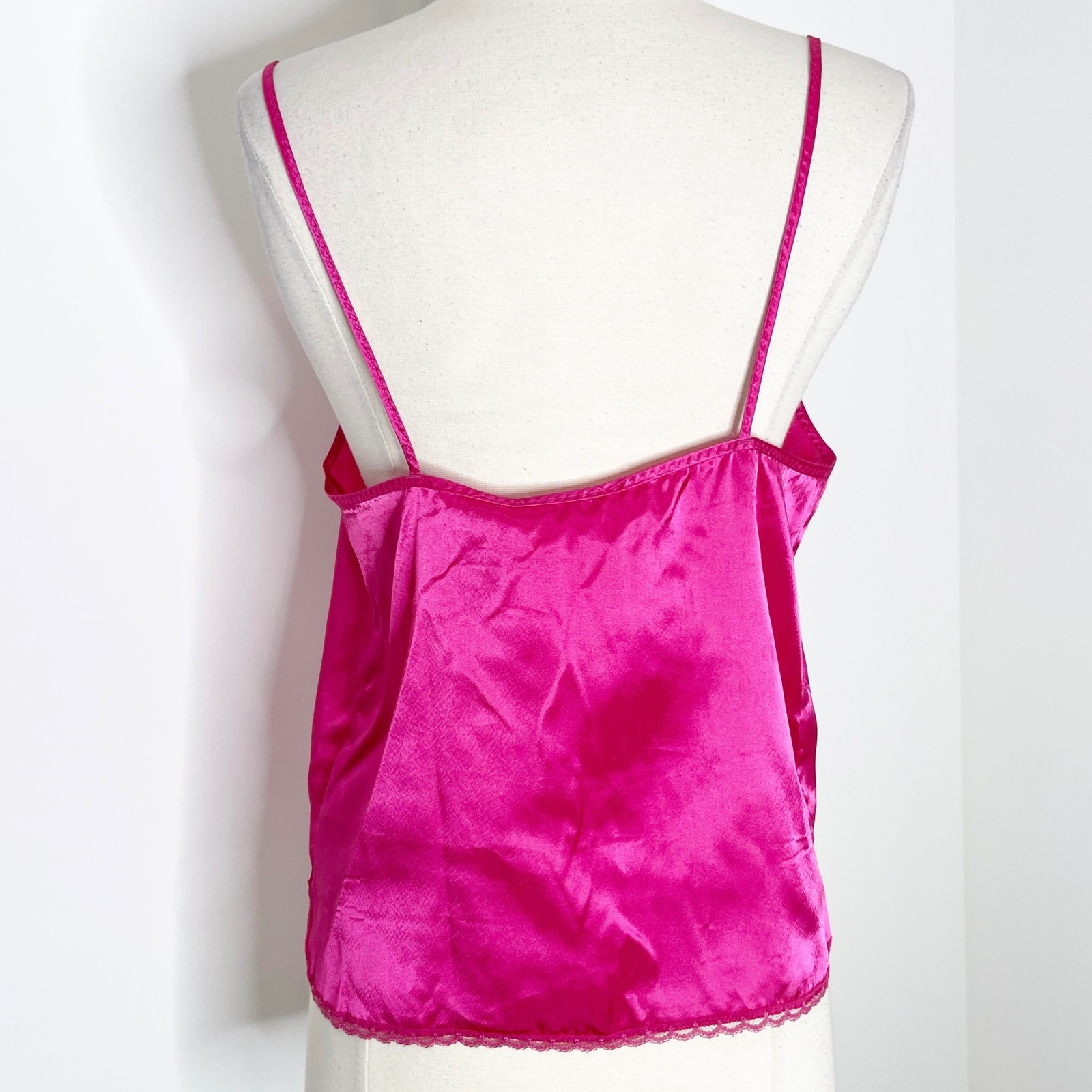 Vintage Hot Pink Satin Lace Trim Camisole Spaghetti Strap Tank Top Lingerie