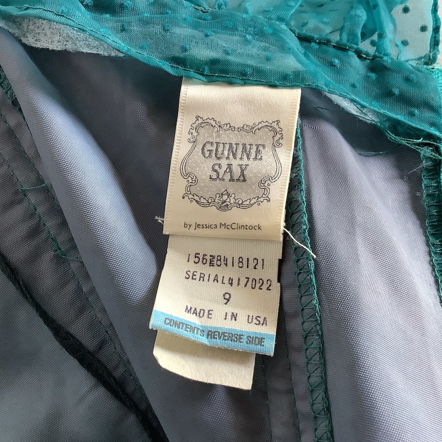 Vtg 1980s Gunne Sax Teal Swiss Dot Strapless Tea Length Semi-Formal Dress