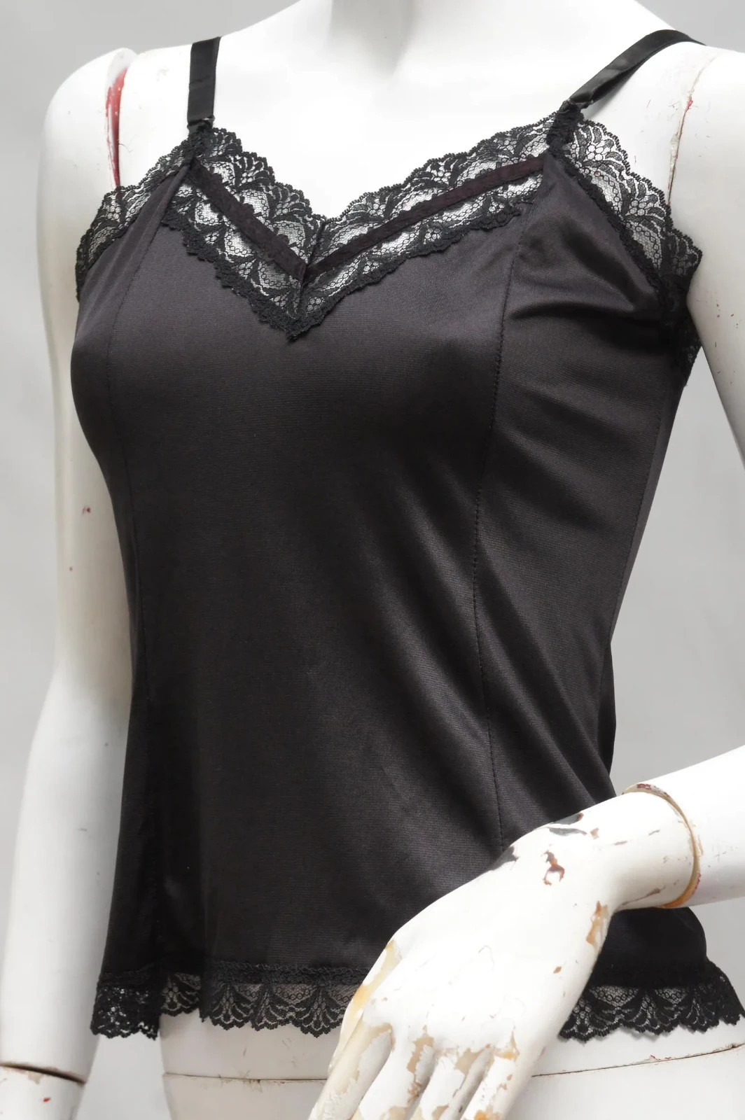 Vintage Black Lace Trim Nylon Slip Top Camisole Tank Lingerie Retro Goth