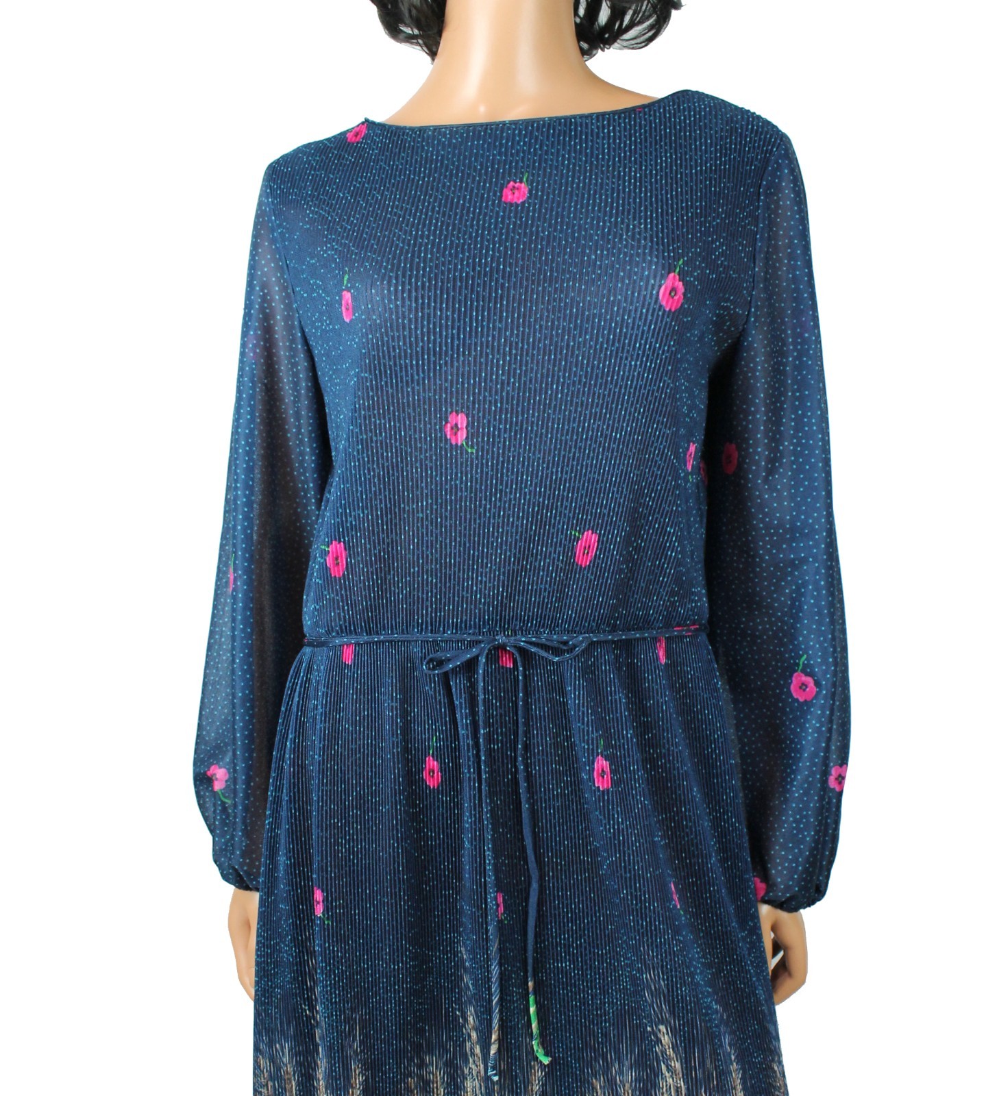 80s Secretary Dress Sz 16 L Vintage Semi Sheer Pleated Blue Pink Green Floral