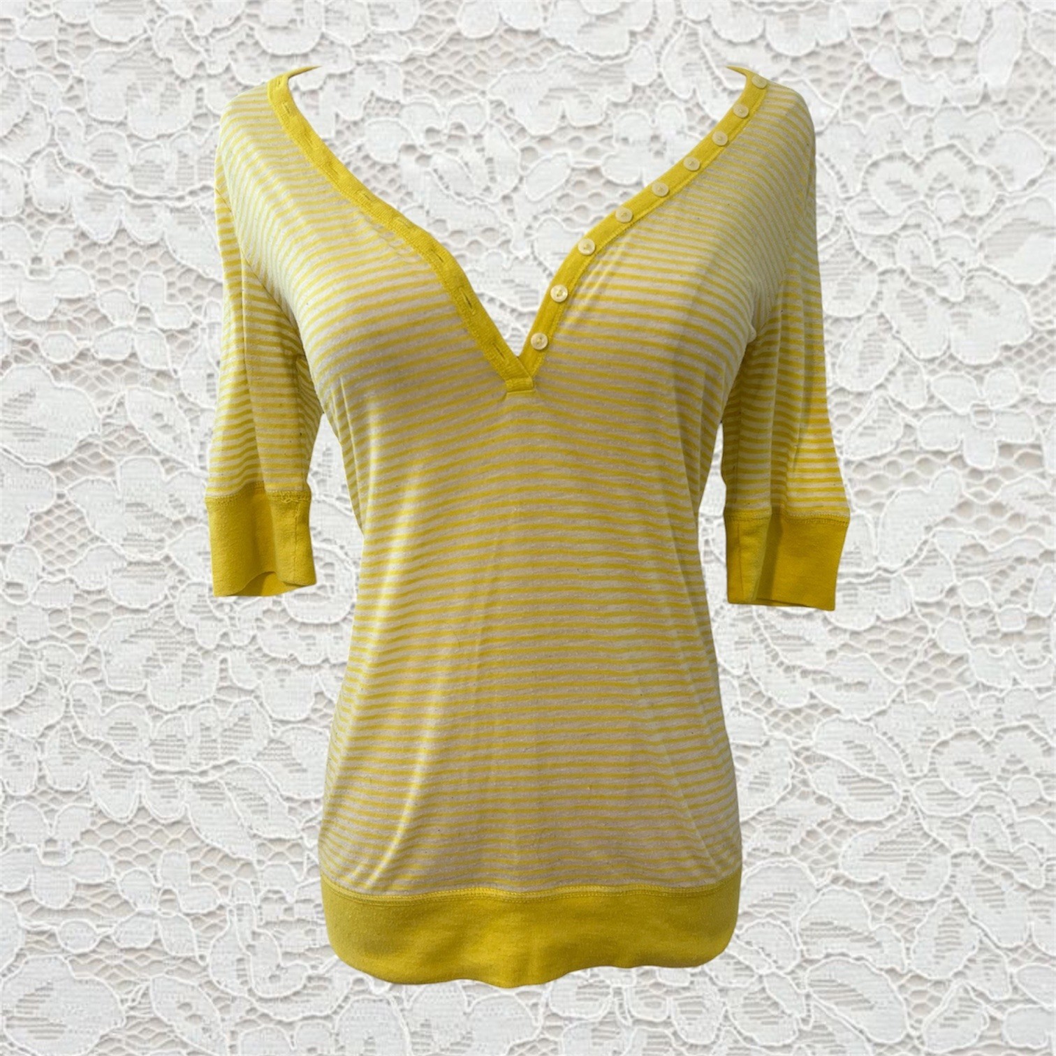 vintage yellow white striped quarter sleeve henley top