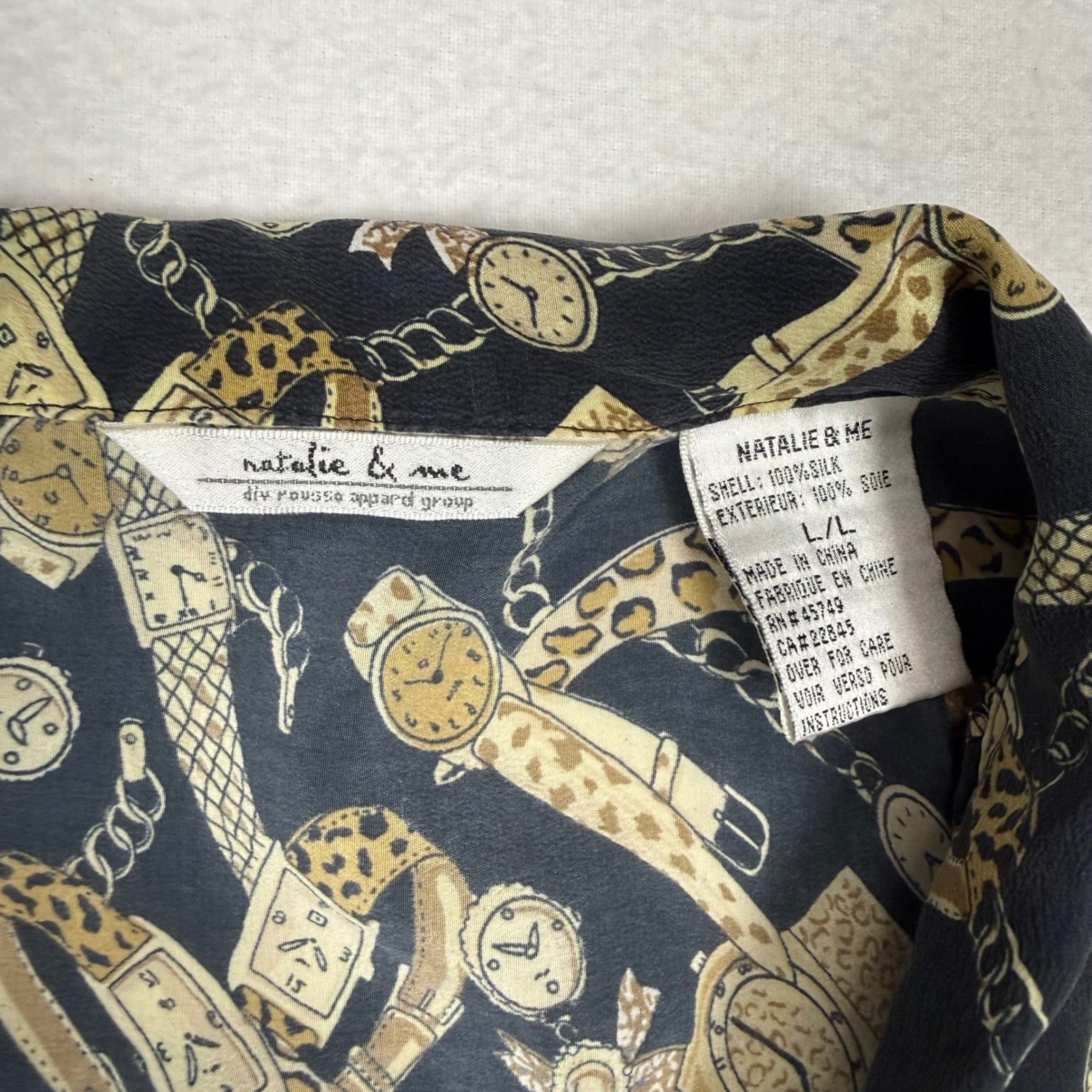 Natalie & Me Vintage 100% Silk Watch leopard Print Button Shirt Large Black 90s