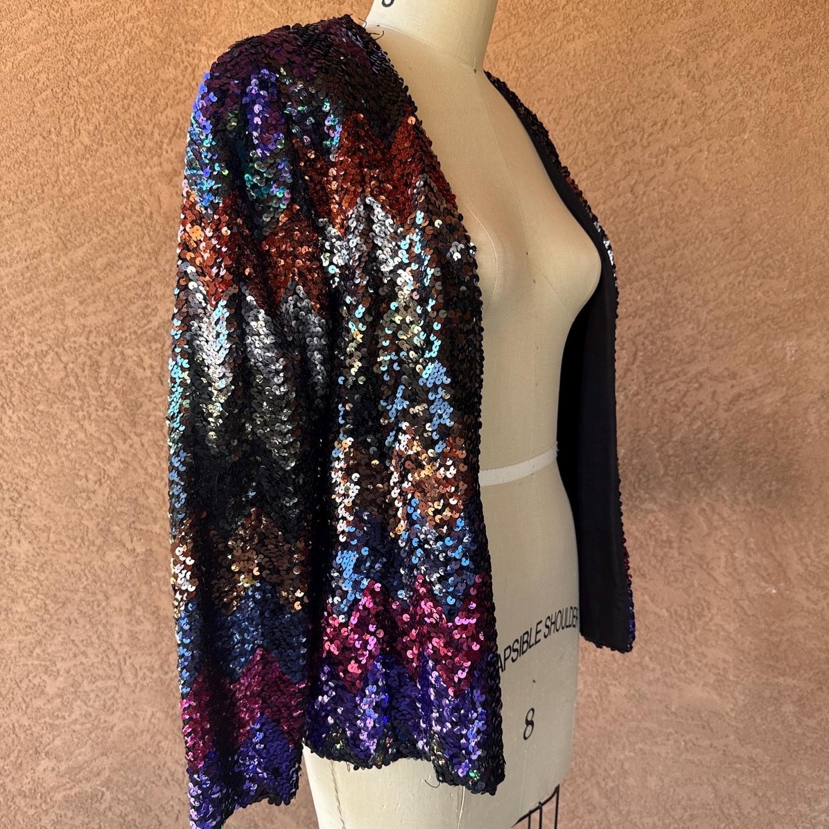 Vintage 80s Sequin Jacket Multicolor Iridescent Chevron Zigzag Evening Wear