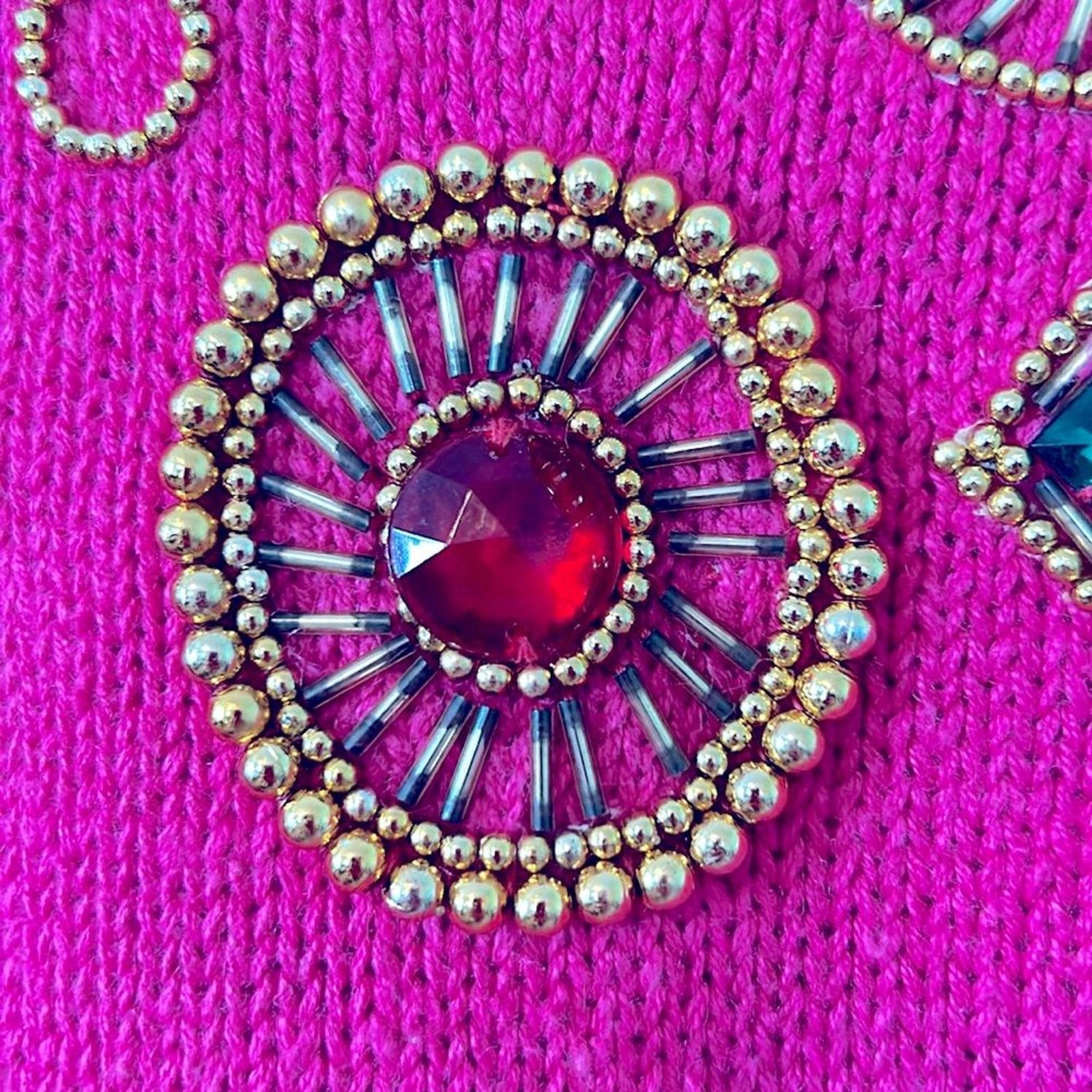 Vintage bright pink cotton/ramie sweater with beads and rhinestones – size L