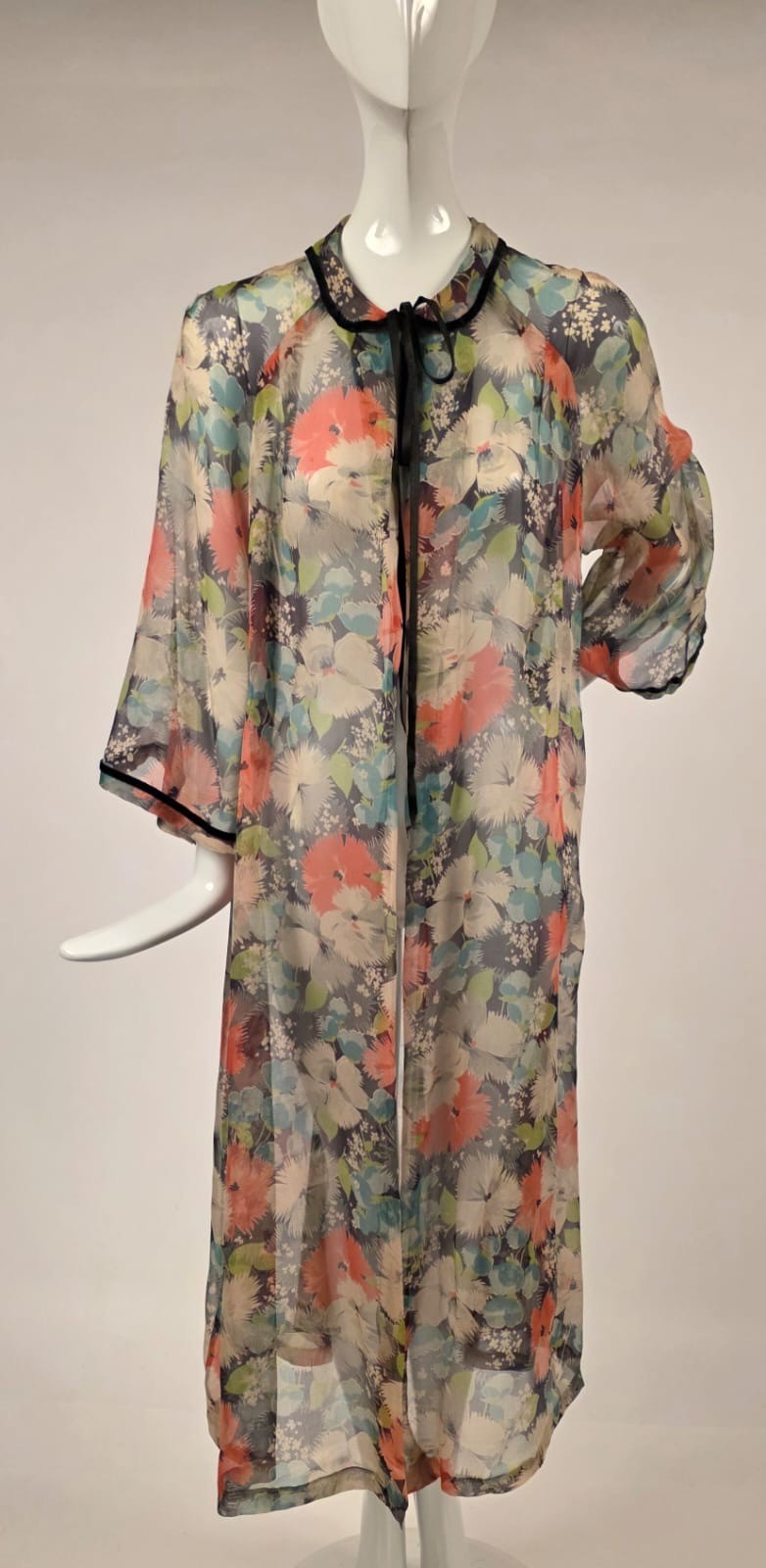 1930’S SHEER COLORFUL FLORAL SILK CHIFFON COAT W VELVET EDGING