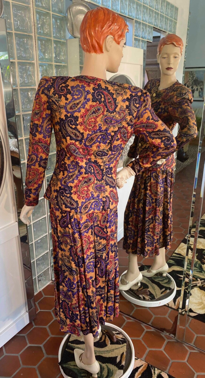 VTG 90s Jeffrey & Dara Suit Dress S Autumn Paisley 2pc Pleat Skirt Secretary