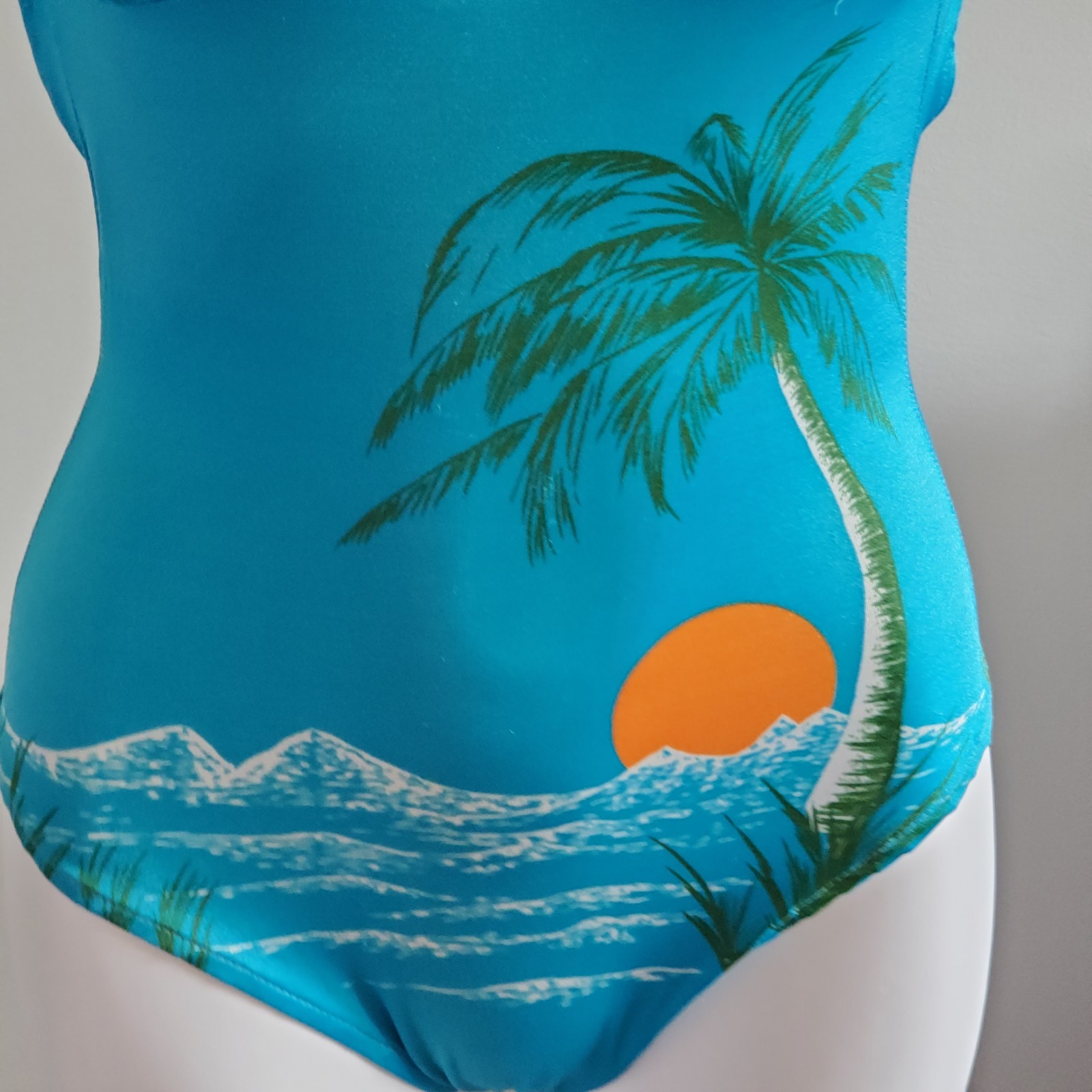 Vintage 70s Andmore One Piece Swimsuit Sunset Palm Tree Union Made ILGWU Sz 10