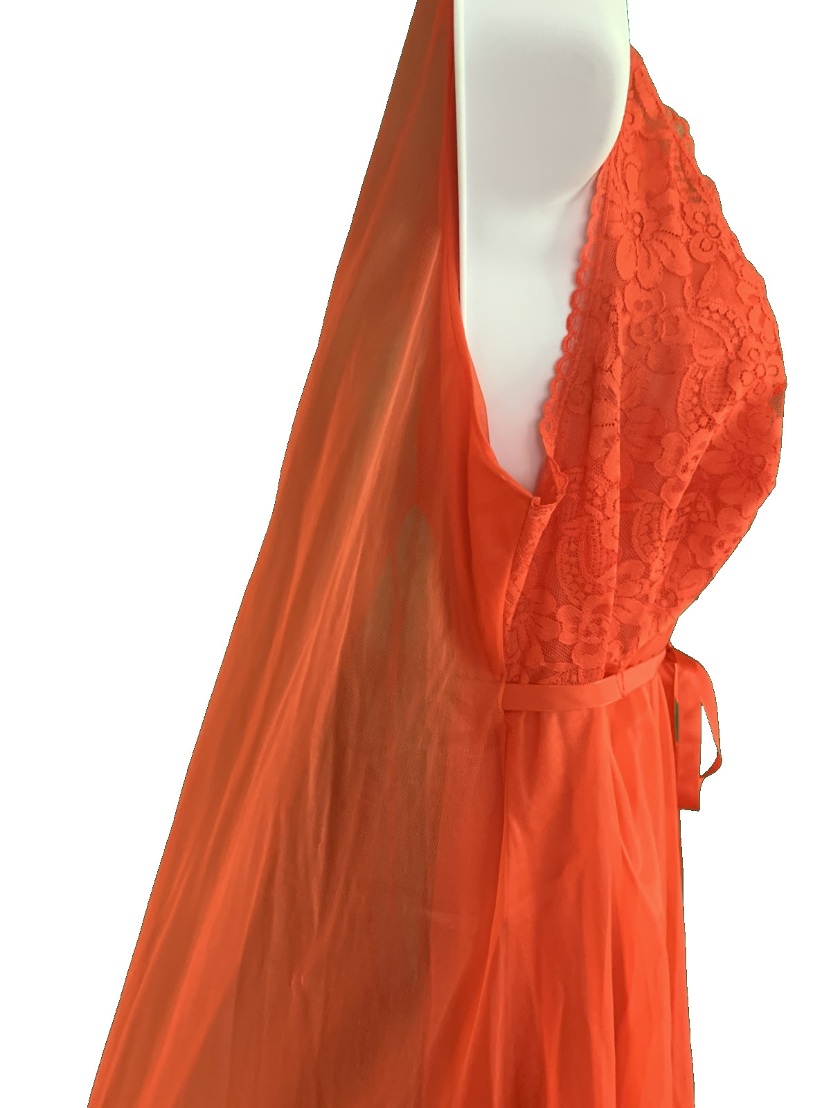 Vtg 60s Chiffon Overlay Persimmon Lace Watteau Train Nightgown Large? CUT TAG