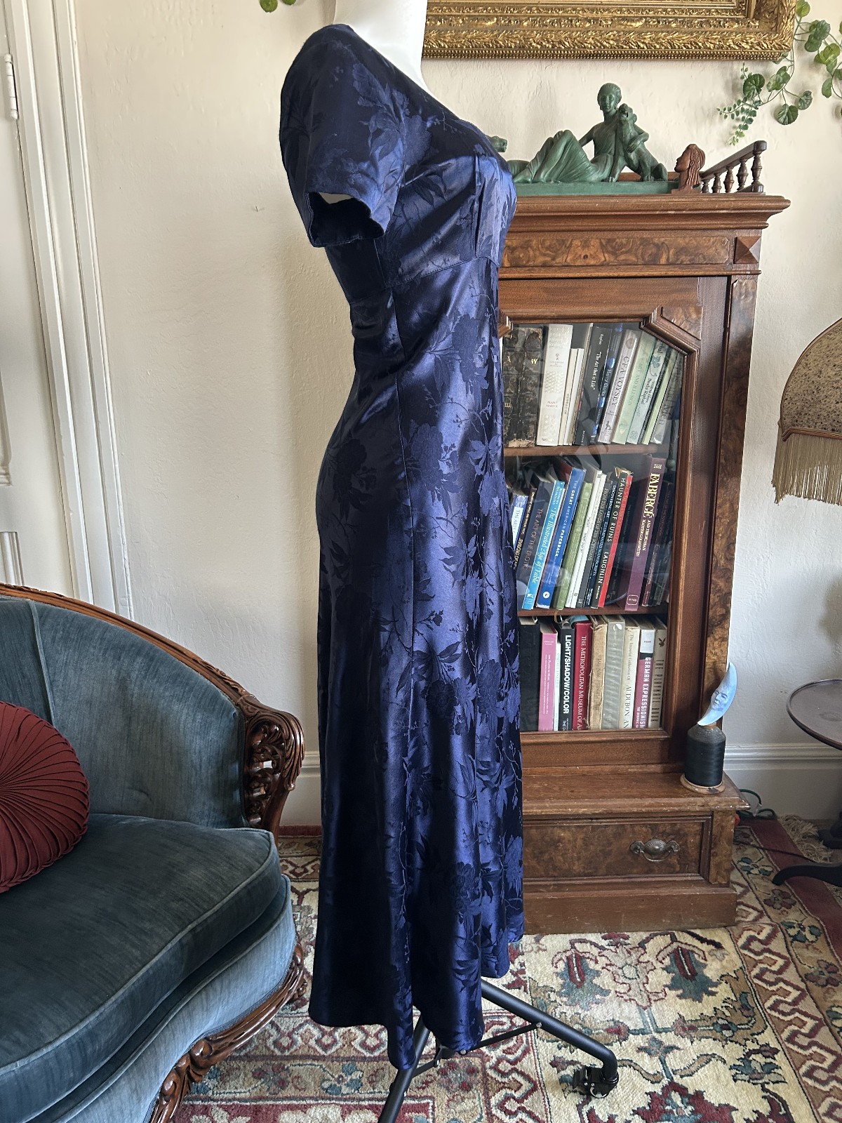Vintage 1990s Deep Blue Satin Floral Maxi Dress Square Neck Bias Cut S 5/6 Y2K