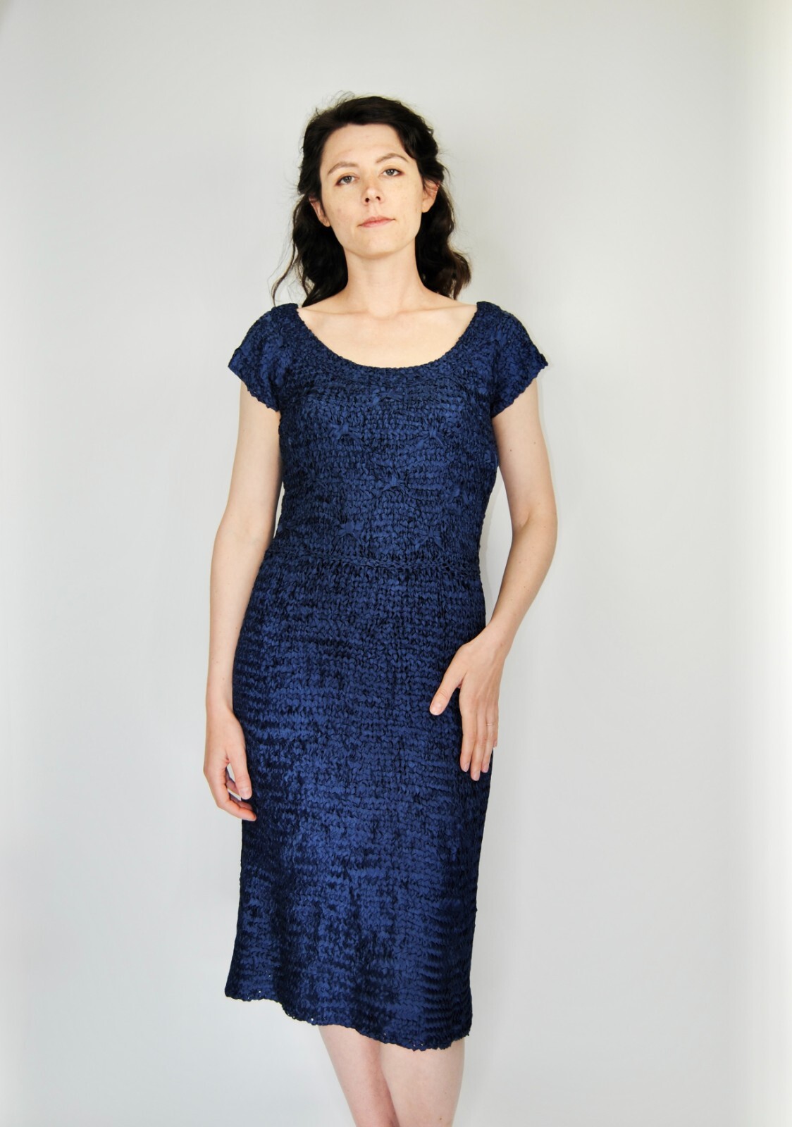 1940s Vintage Bea Magnus Navy Blue Ribbon Knit Dress and Sweater Set – S/M