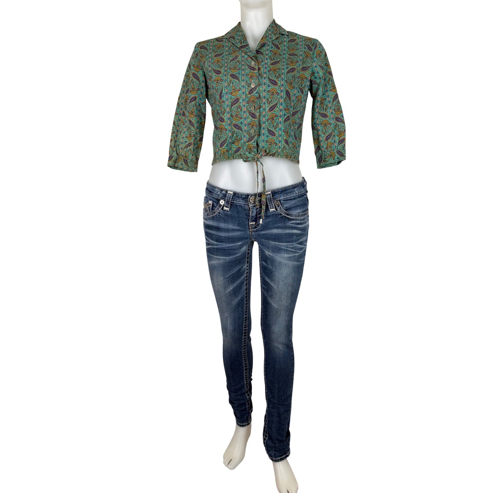 50s 60s Crop Top Teal Paisley 3/4 Sleeve Tie Hem Sz 32 DISTRESSED AS IS