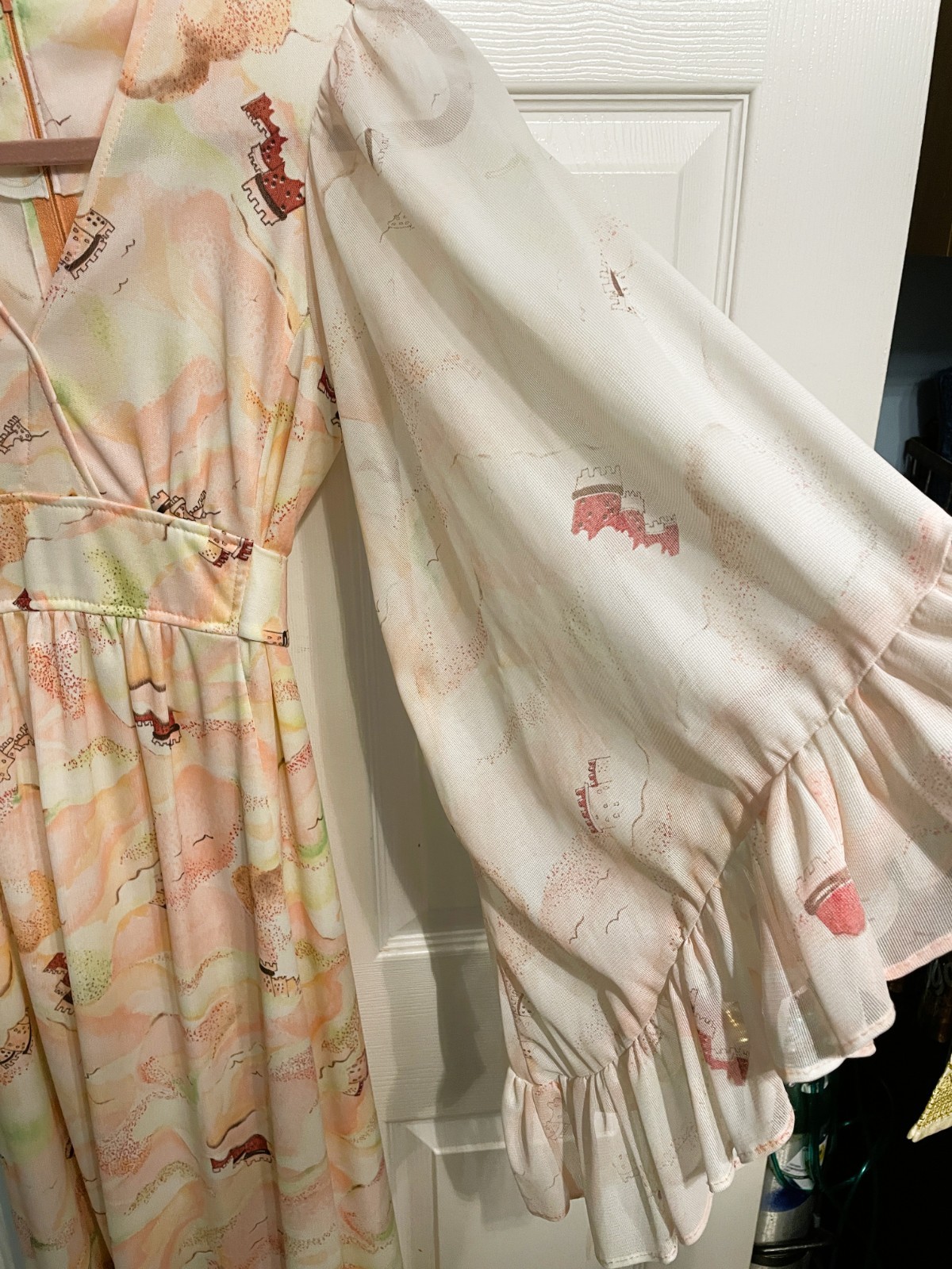 Vtg Sears Fashion 70s Hippie Maxi Dress Flowy Butterfly Wing Sleeve Polyester 12