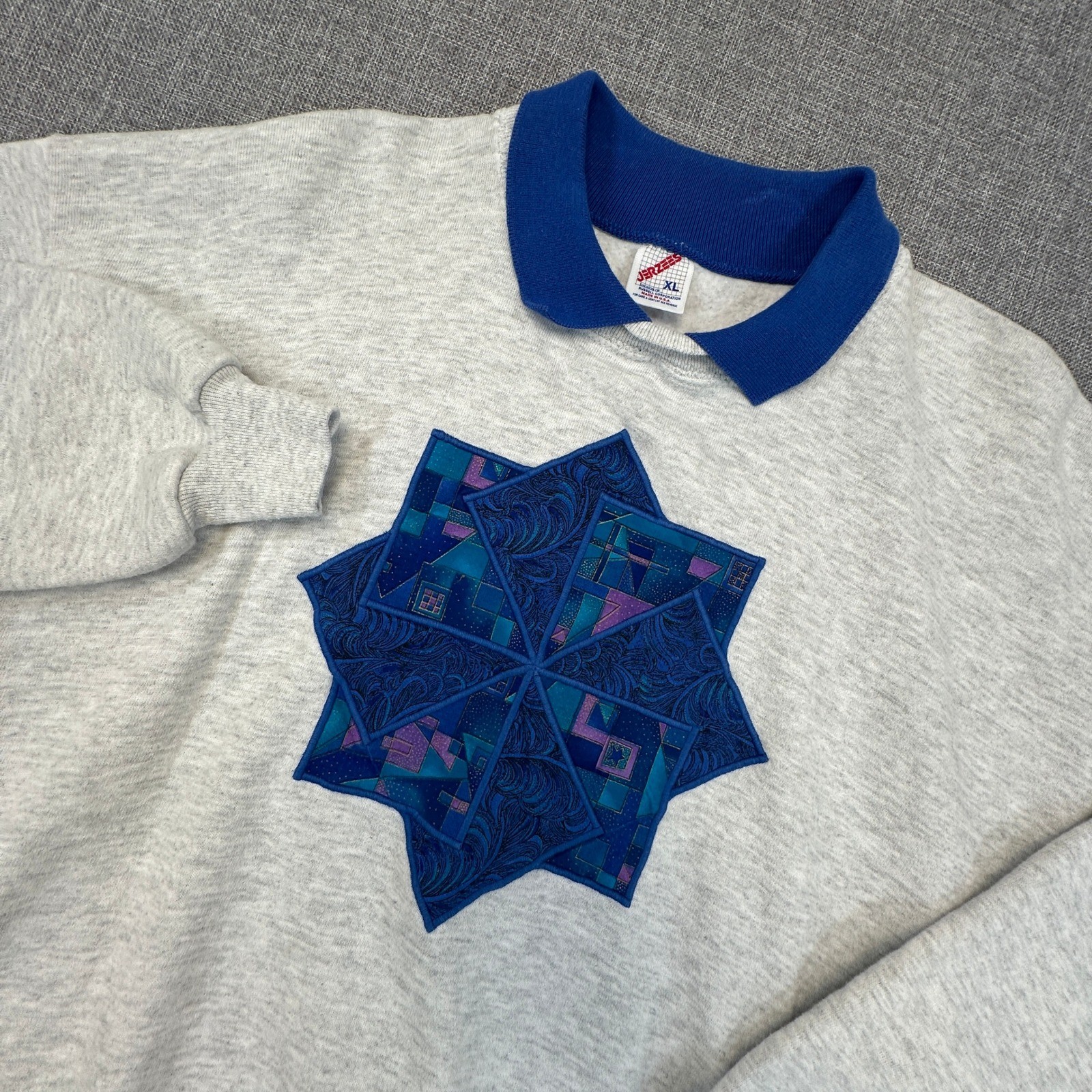 Vintage Jerzees Collared Sweatshirt Mens XL Embroidered Patchwork Star 80s 90s