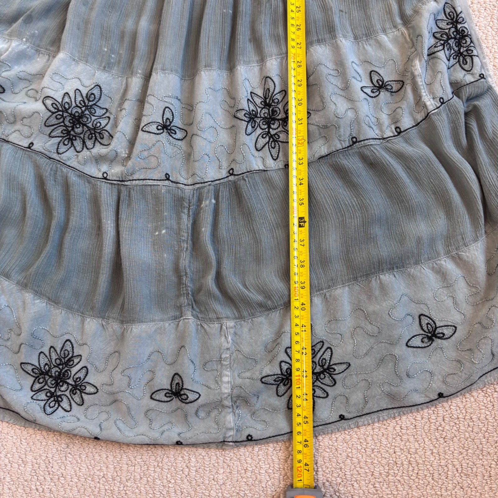 Vintage Cottage Blue Grey Embroidered Tiered Midi Dress, Medium Boho Ren Faire