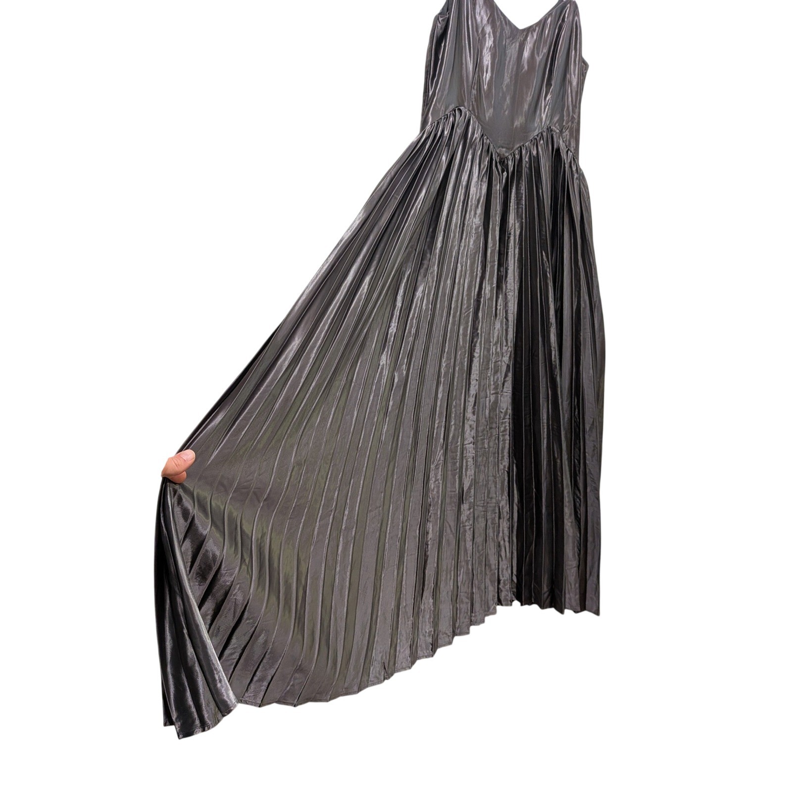 Storia Women Pleated Midi Dress S Pewter Gray Satin Wedding Guest Party Gatsby