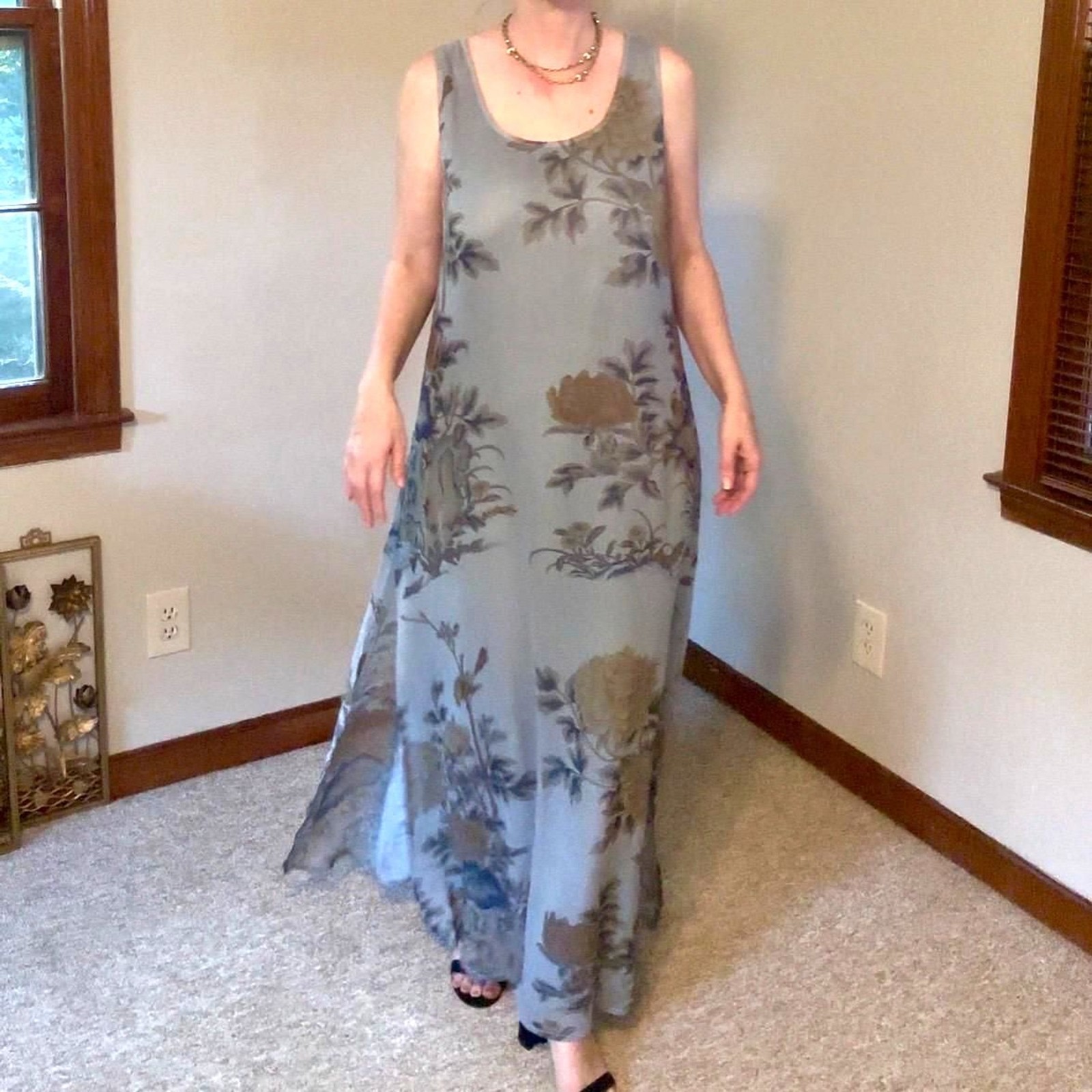 Vtg 90s Citron Santa Monica Silk Floral Maxi Dress Pale Blue Floaty Romantic M