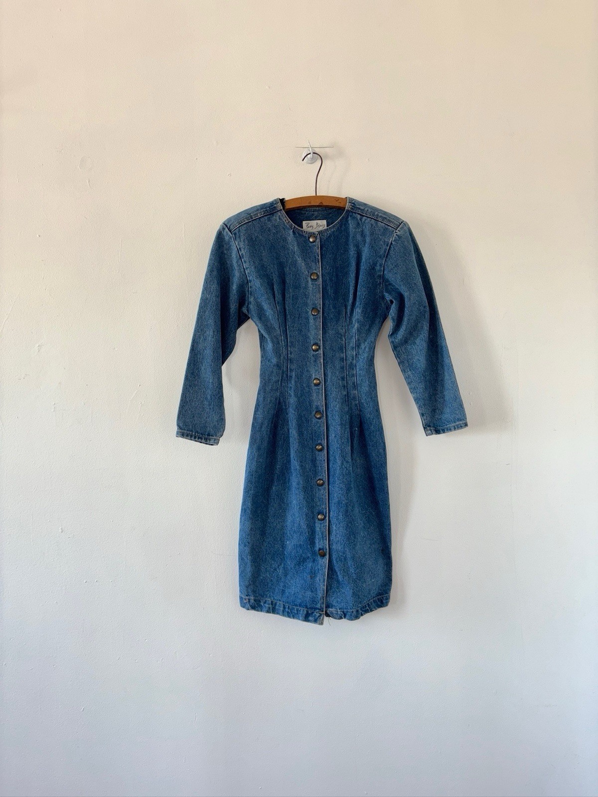 1980s Paris Blues Denim Midi Dress Tailored Fitted Long Sleeves 24”W 30-32”B XXS