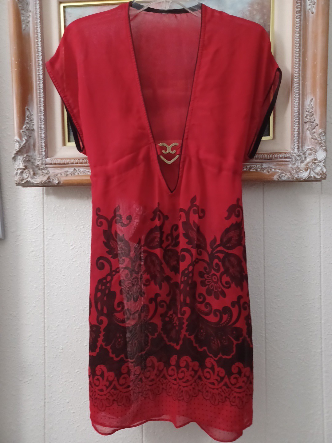 Vintage Deep V Y2K Sheer Red Babydoll Mini Dress Tunic Sz L Fairy Grunge Baroque