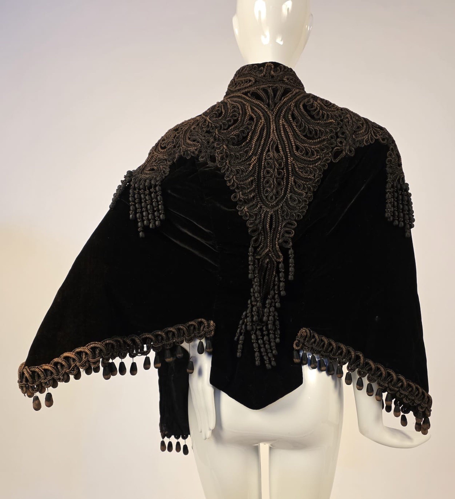 VICTORIAN 1870’S BLACK VELVET DOLMAN CAPE W SOUTACHE DETAIL + BUSTLE REAR