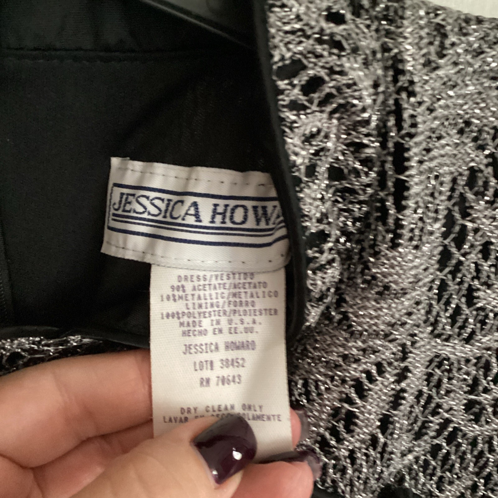 Vtg Jessica Howard Metallic Silver And Black Lace Maxi Dress Size 14 NWT
