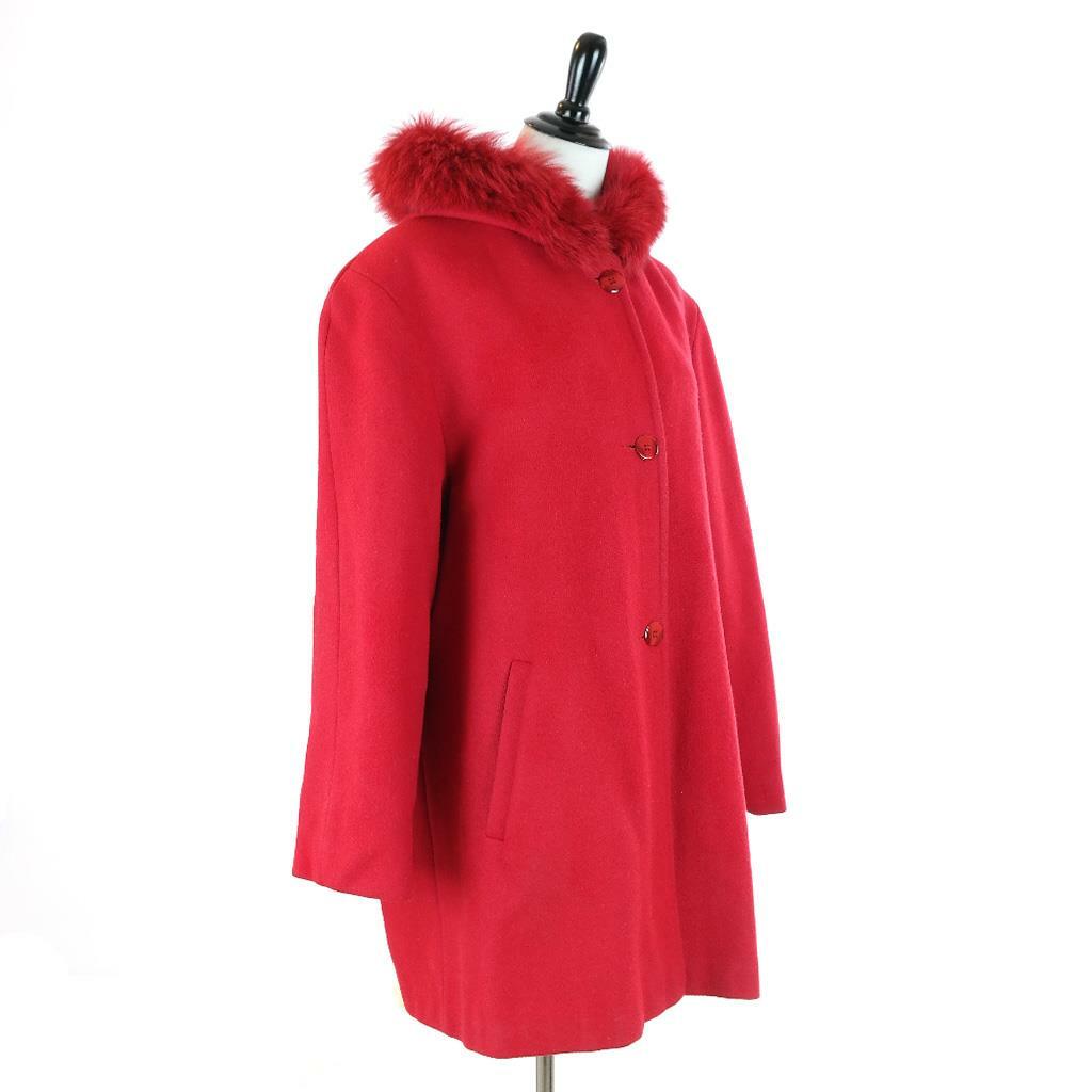 VTG 90s Komitor Red Wool Hooded Coat Genuine Dyed Fox Fur Union Made USA Sz L