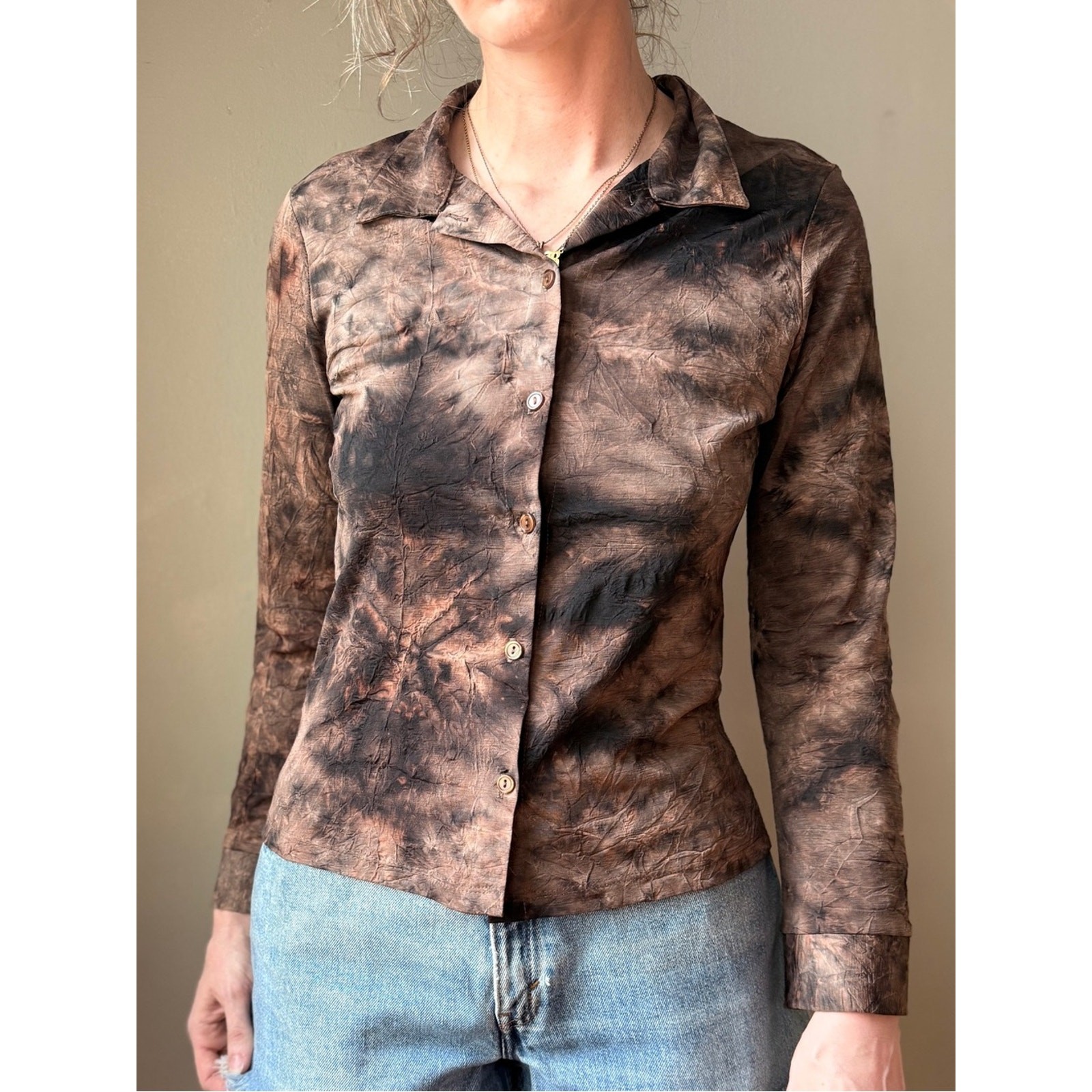 Vintage 90s Tie Dye Button Up Top | Brown Abstract Blouse | Y2K Grunge Fairy | S