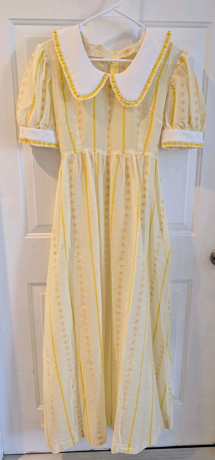 Gorgeous Vintage Daisy Yellow Sheer Prairie Puff Sleeve Big Collar Maxi Dress Lg