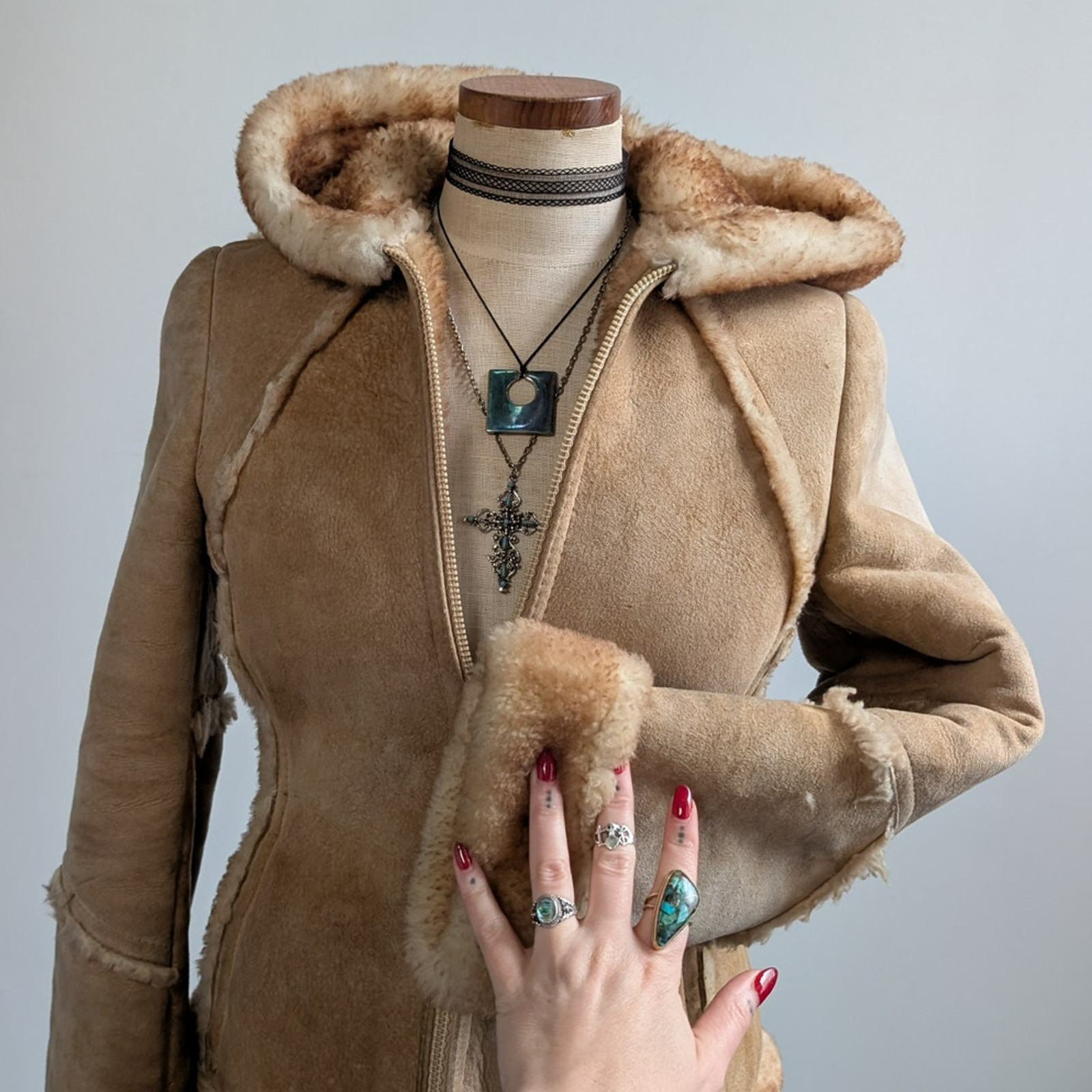 Vintage Tan Suede Shearling Coat Brown Wool Jacket Boho Chic Fur Coat Hood XS