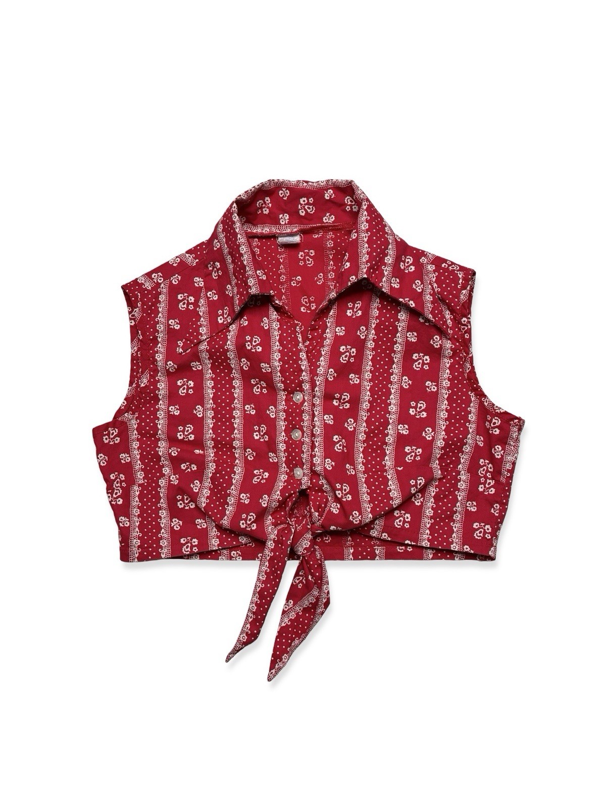 Vintage 70s Women’s Red Floral Tie Waist Dagger Collar Crop Top Western Cowgirl