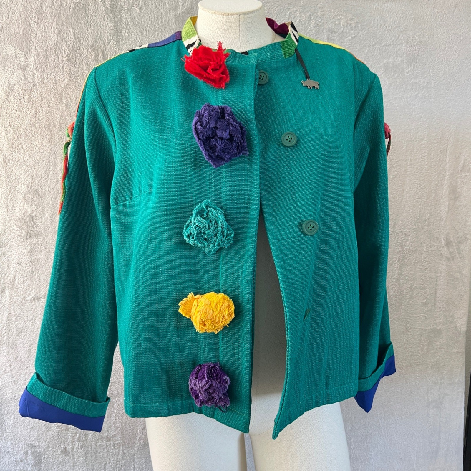 Vintage Women’s Art To Wear Pom Pom Jacket Green size Medium colorful funky