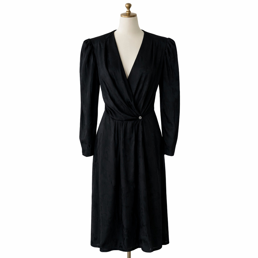 Vintage Argenti Dreaped Silk Wrap Dress Size 6 Floral Black Midi Shoulder Pads