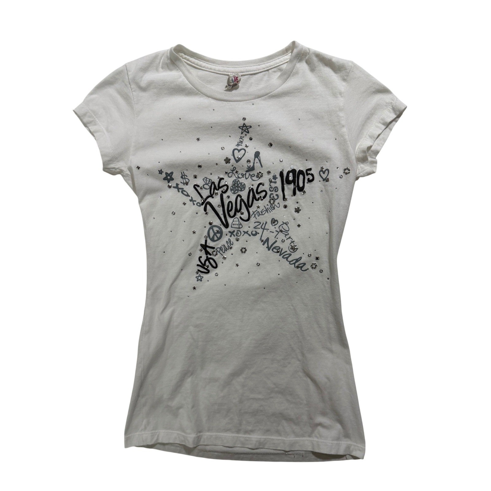 Alstyle Las Vegas 1905 Rhinestone Graphic T-Shirt Women’s S White