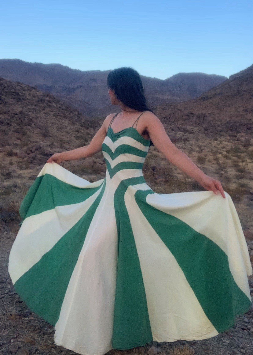 1940s Radial Stripe Rayon Taffeta Maxi Gown