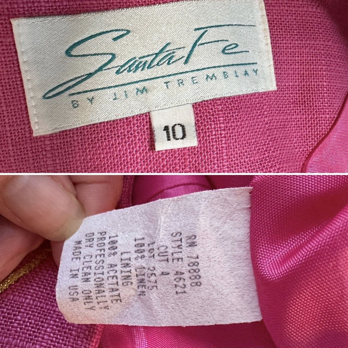 Vintage 80s Santa Fe Bright Pink Midi Dress Gold Embroidery Linen Women’s Sz 8