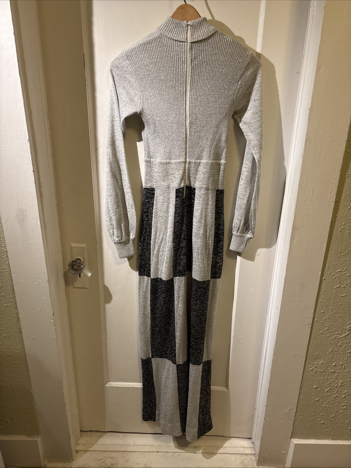 Vintage 1970s Wenjilli Metallic Silver Black Glitter Fitted Maxi Dress Size S/M