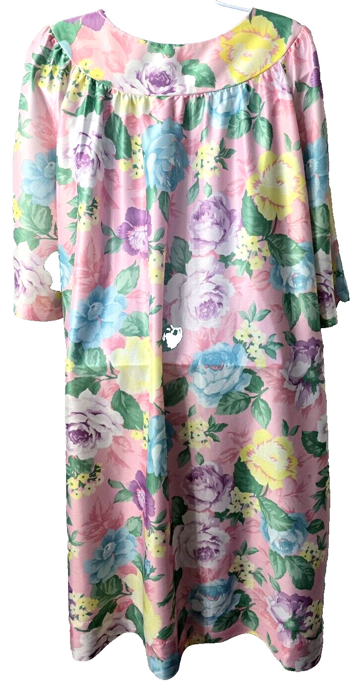Vintage Caftan Satin Nightie Dress M L Night Gown Mrs Roper Floral Beach 80s 90s