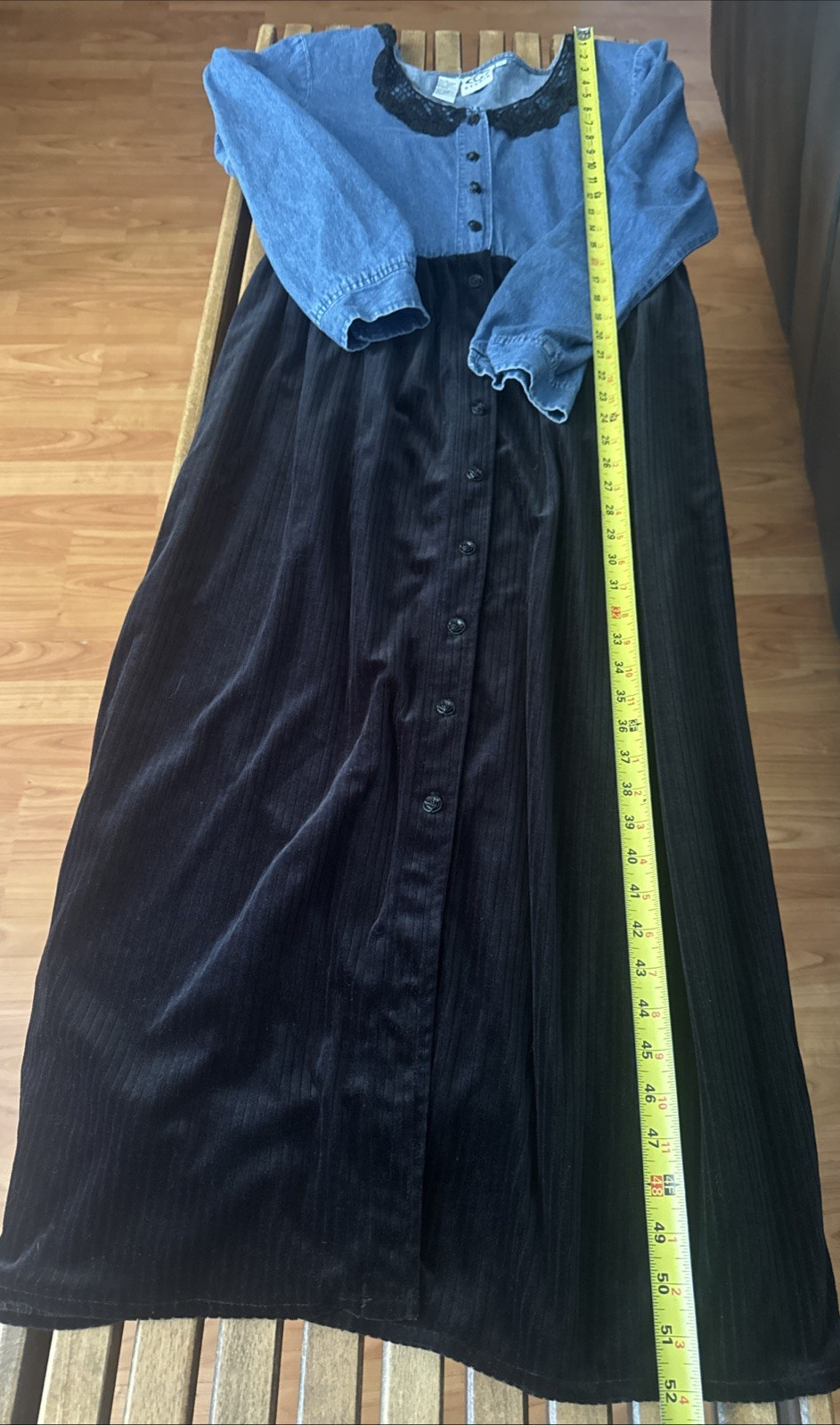 VTG 80’s C Studio Denim & Black Velvet Dress with Lace Collar Size 14