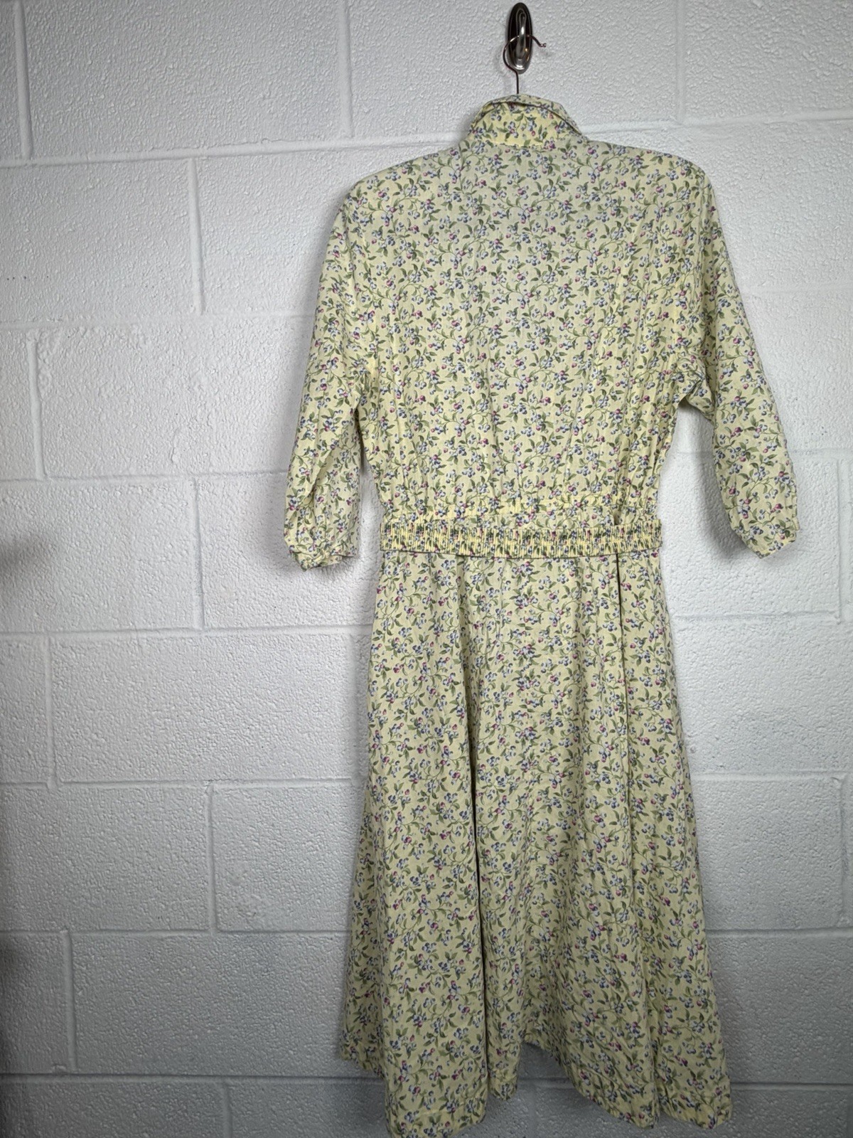 Vintage 90s Floral Shirt Dress Cottagecore Yellow Blueberry Midi Belted M/L USA
