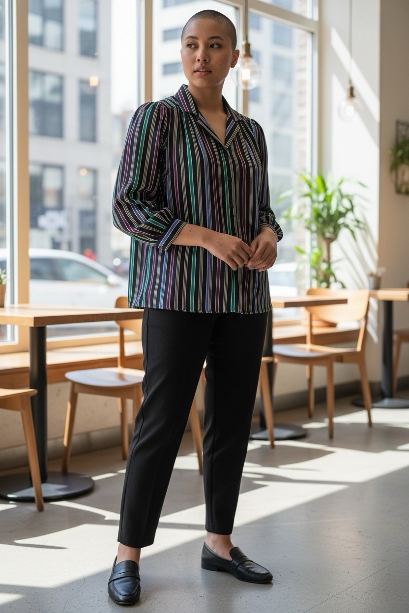 70s 80s Multicolor Striped Shirt Women’s XL-1X Vintage Power Dressing Playful