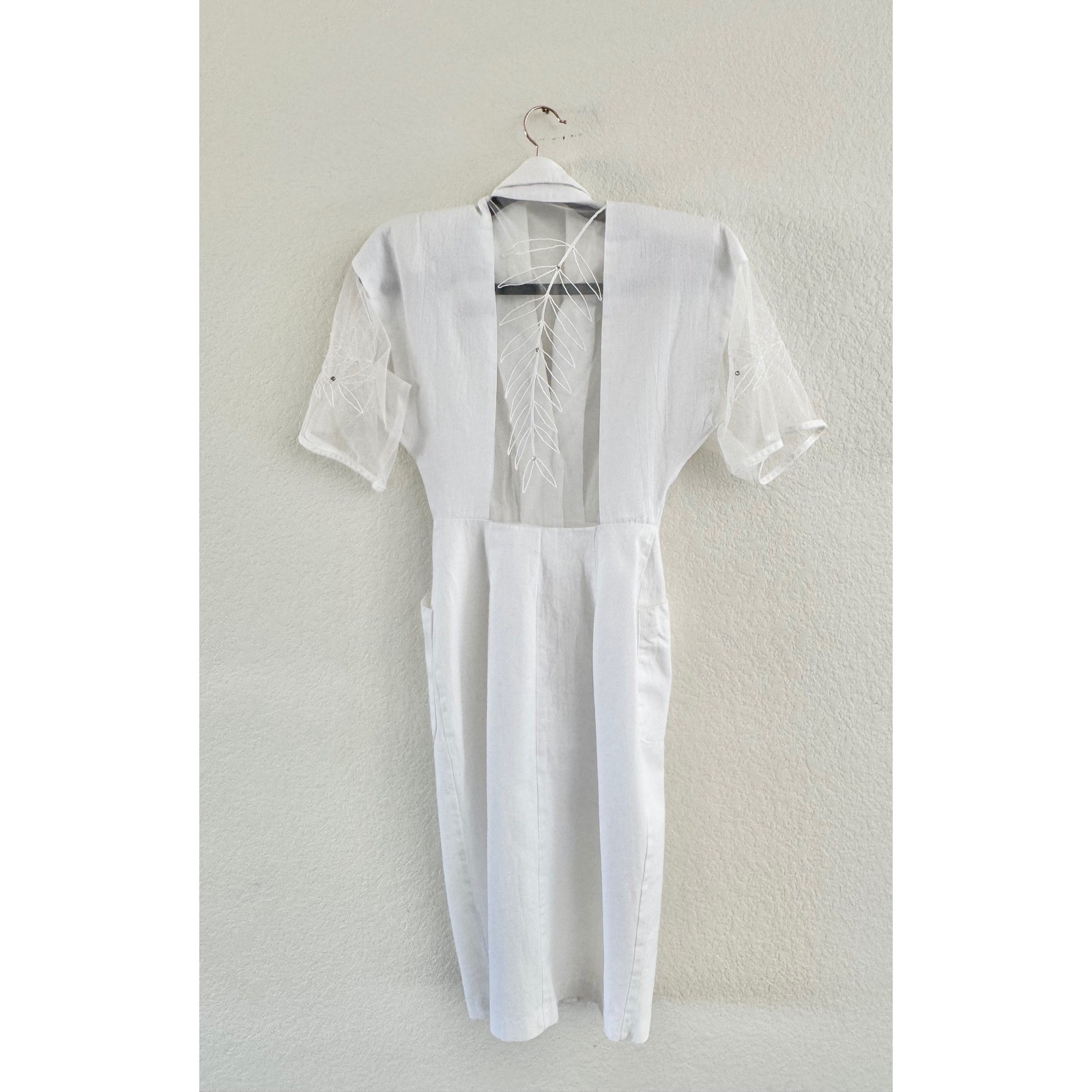 Vintage Linen Midi Dress Womens S White Mesh Embroidered Leaf Button Front
