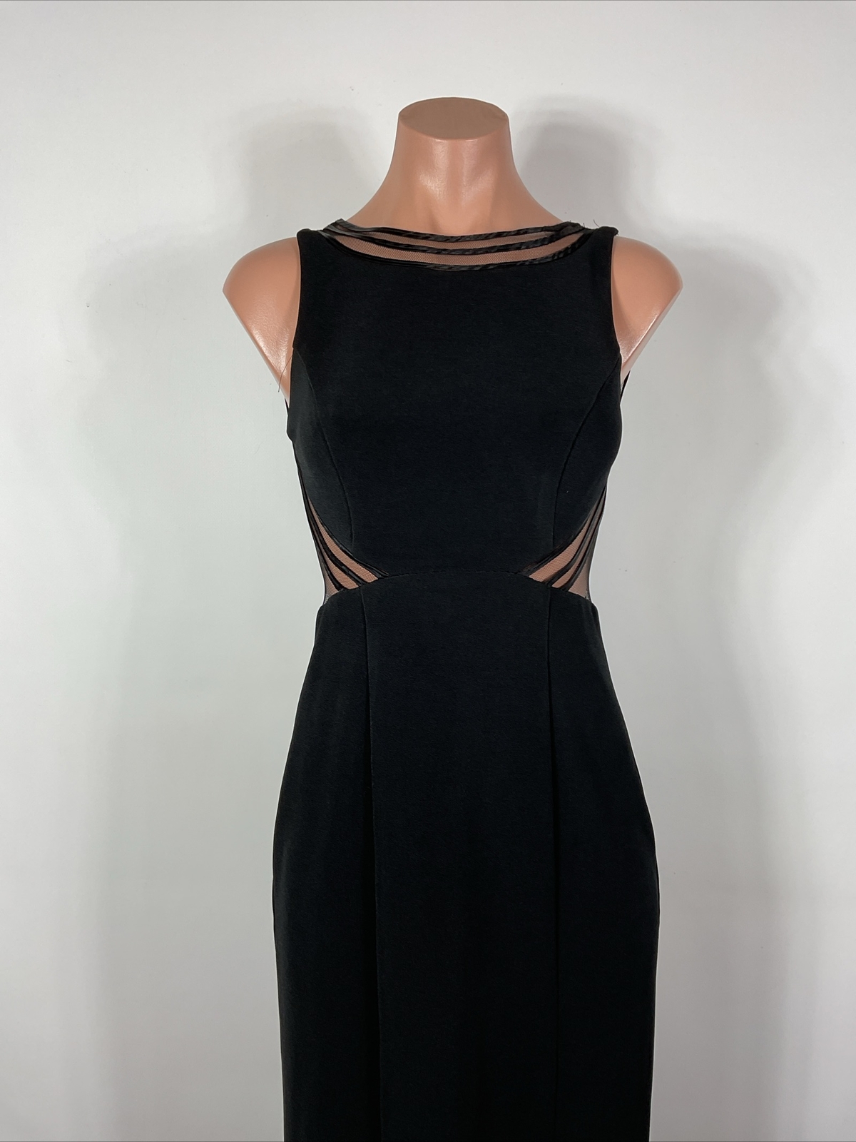 Vintage 90s y2k Black Illusion Caged Neck Backless Button Back Prom Dress 3/4