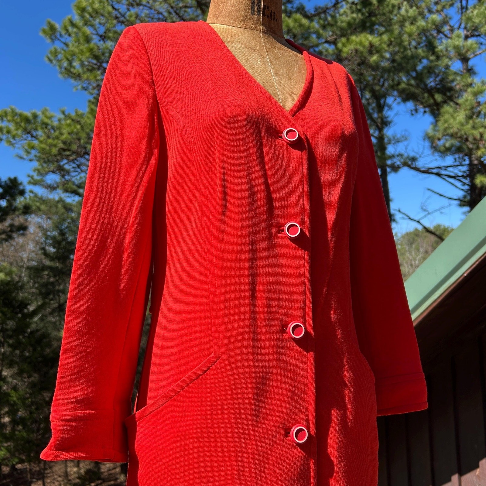 Vintage 60s Orange Wool Knit Pleated Belted Back Mod Midi Coat Dress + Pockets
