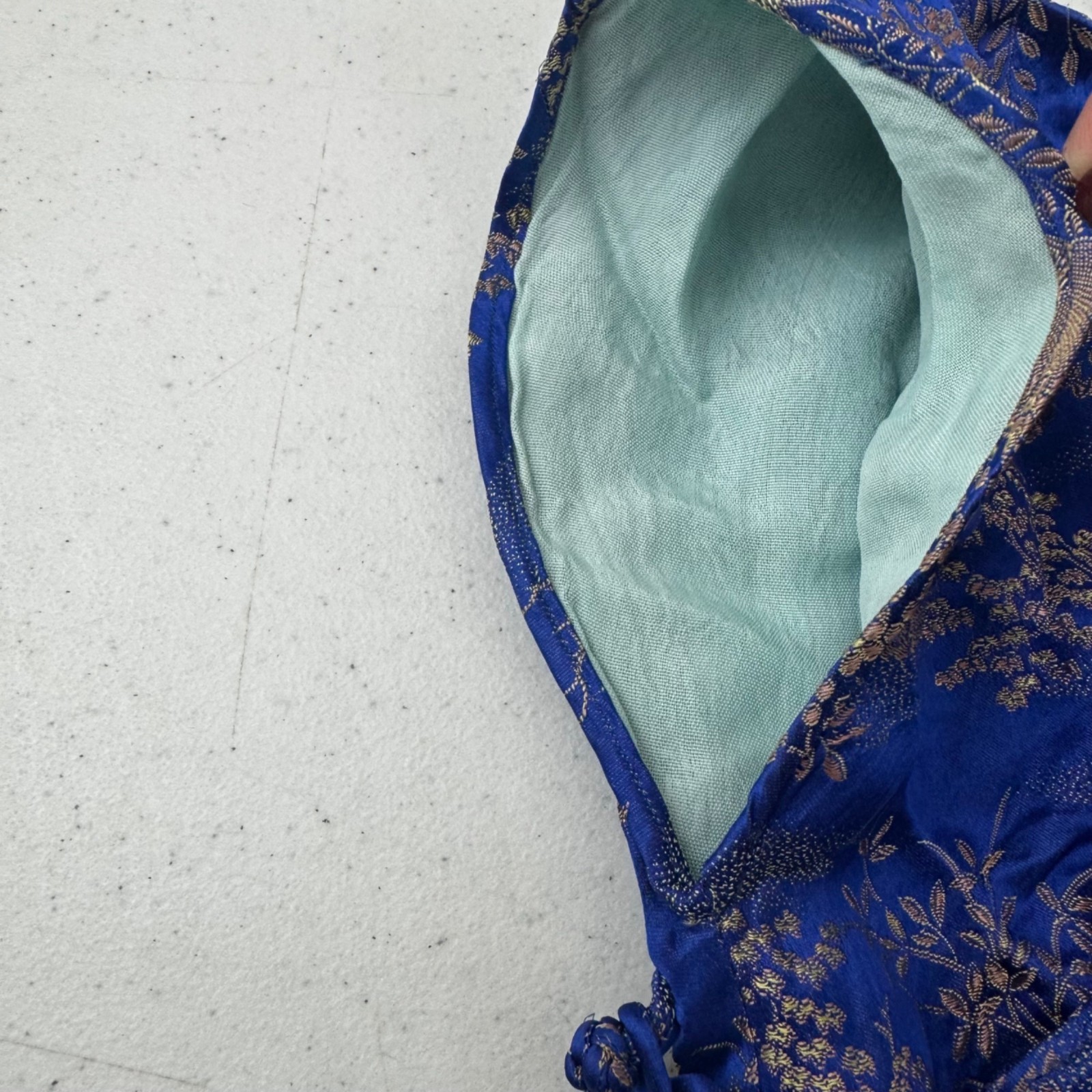 Vintage Blue & Gold Asian Brocade Cheongsam Dress With High Collar & Side Button