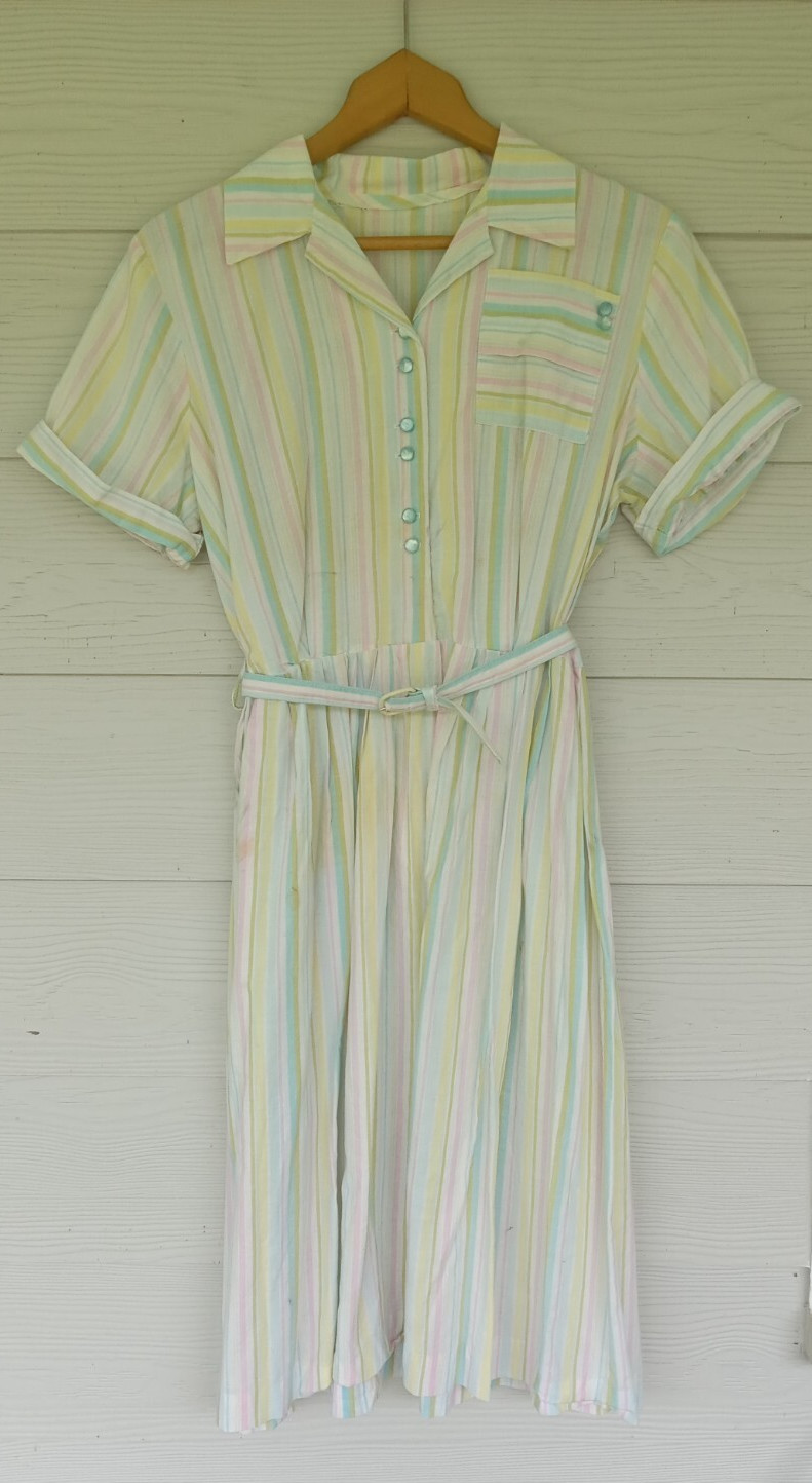 Vintage Women’s Handmade Shirt Dress With Belt Pastel Stripes Buttons 40s-60s