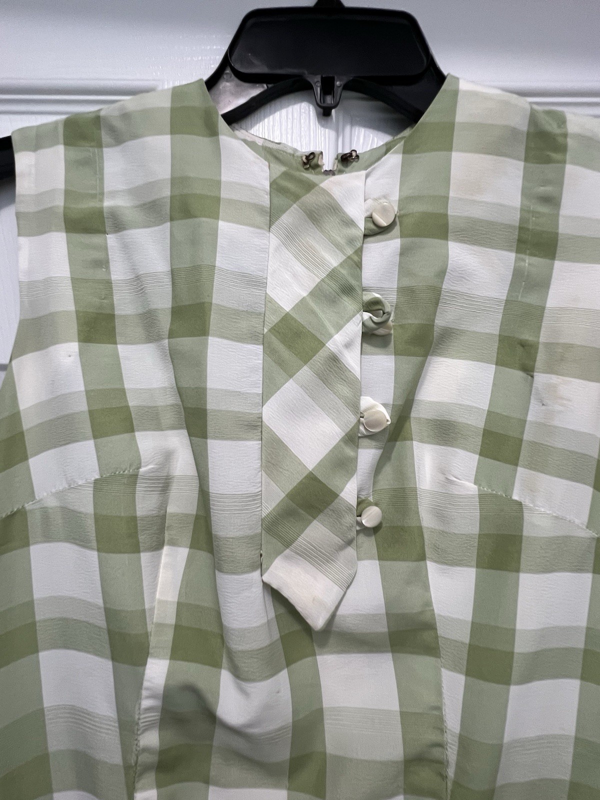 Vintage 1940-50’s Green Gingham Check Dress Zip Pleated No Sleeves XS Homemade