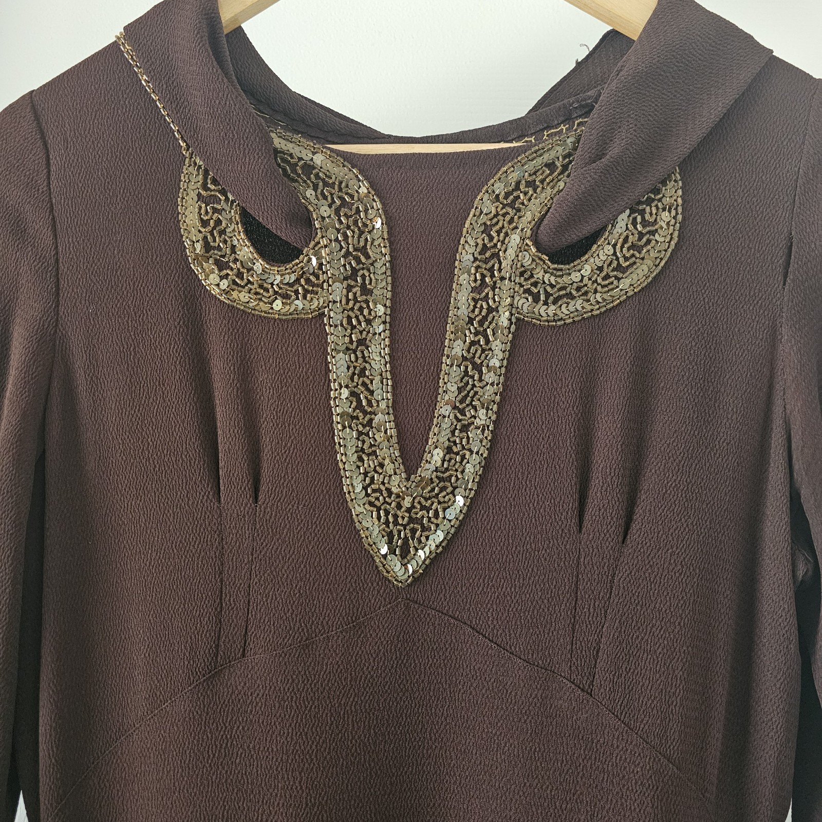 1930s Vintage Blue Eagle Brown Rayon Crepe Peplum Gold Beaded Dress Belt Set #90