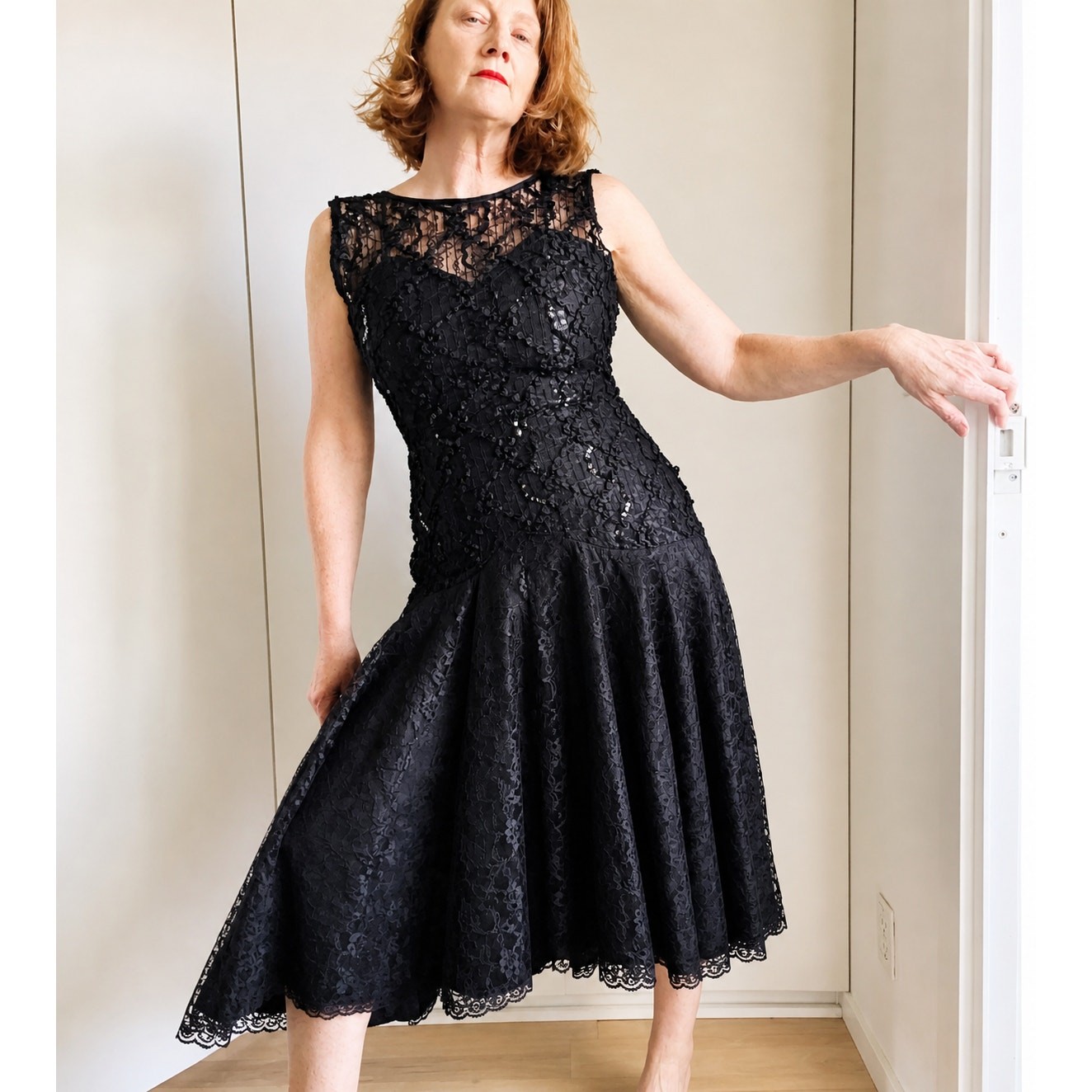 Vintage 80s Formal Party Dress Black Lace Sequin Midi Fit Size Medium Fitted