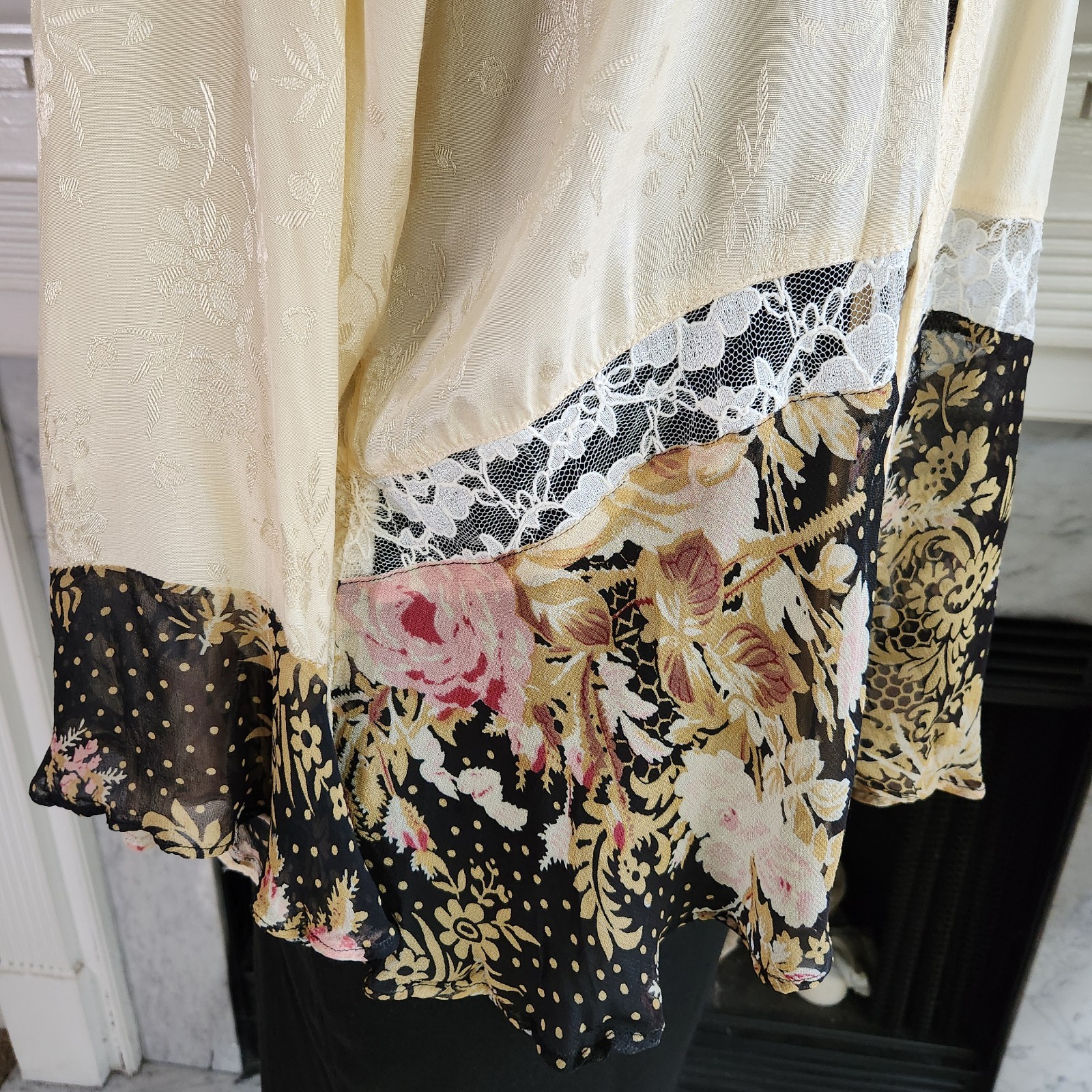 Vtg 80s Beige Patchwork Cardigan Sz 1X Jacket Jacquard Floral Boho Hippy Lace