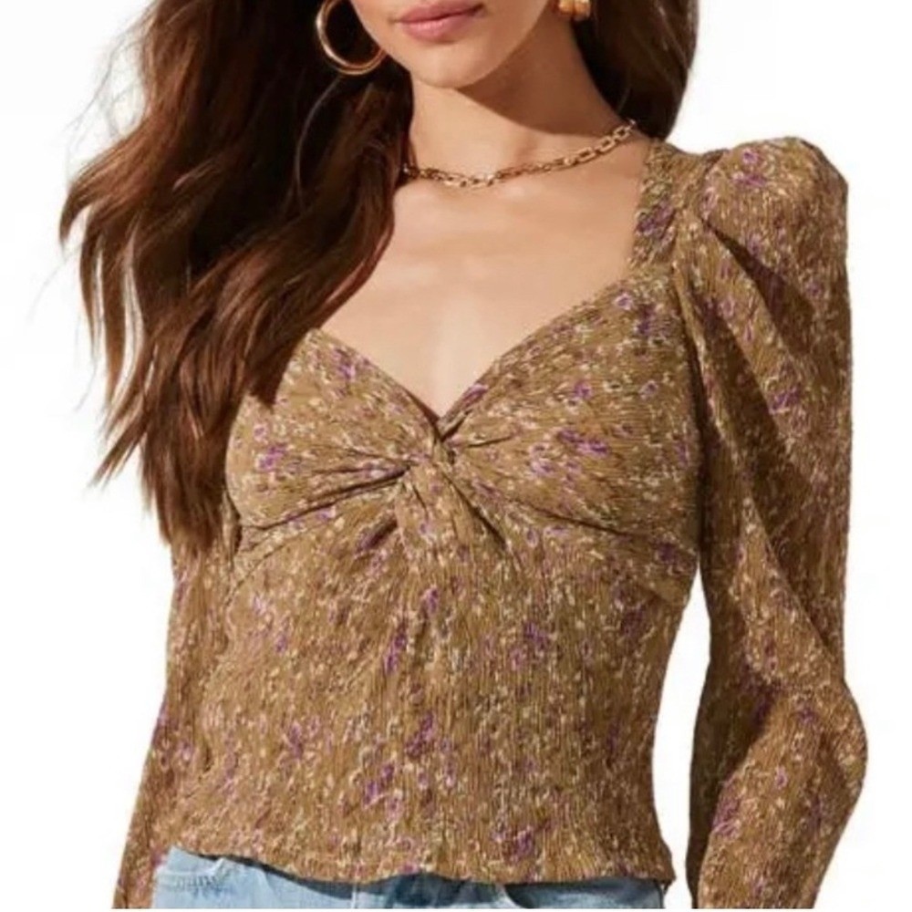ASTR Floral Puff Sleeve Blouse Antique Bronze Pink Smocked Back Size S
